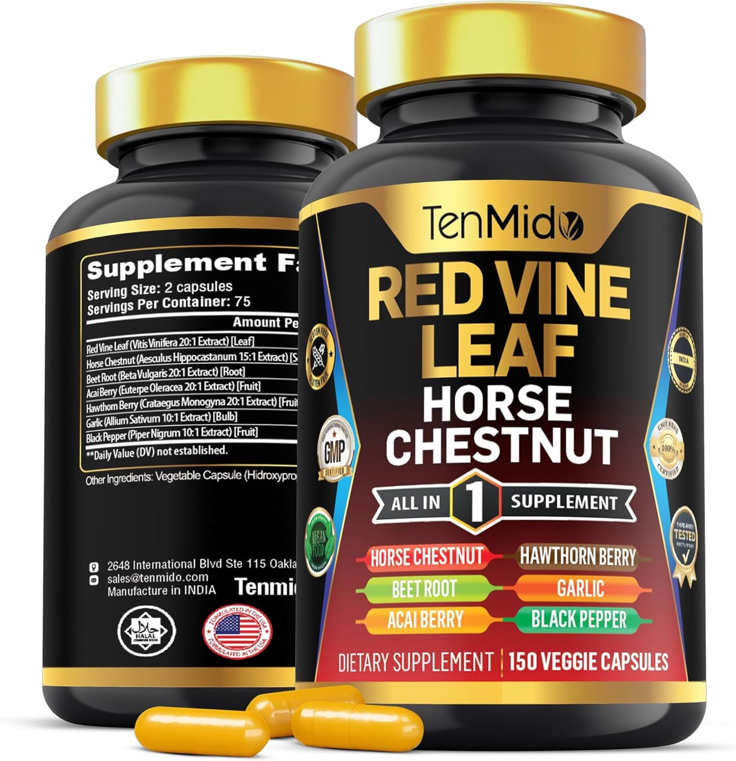 Red Vine Leaf Extract Supplement with 7in1 Formula - 150 Capsules for 75 Days Supply - Includes Horse Chestnut, Beet Root, Acai Berry, Hawthorn Berry, Garlic, and Black Pepper