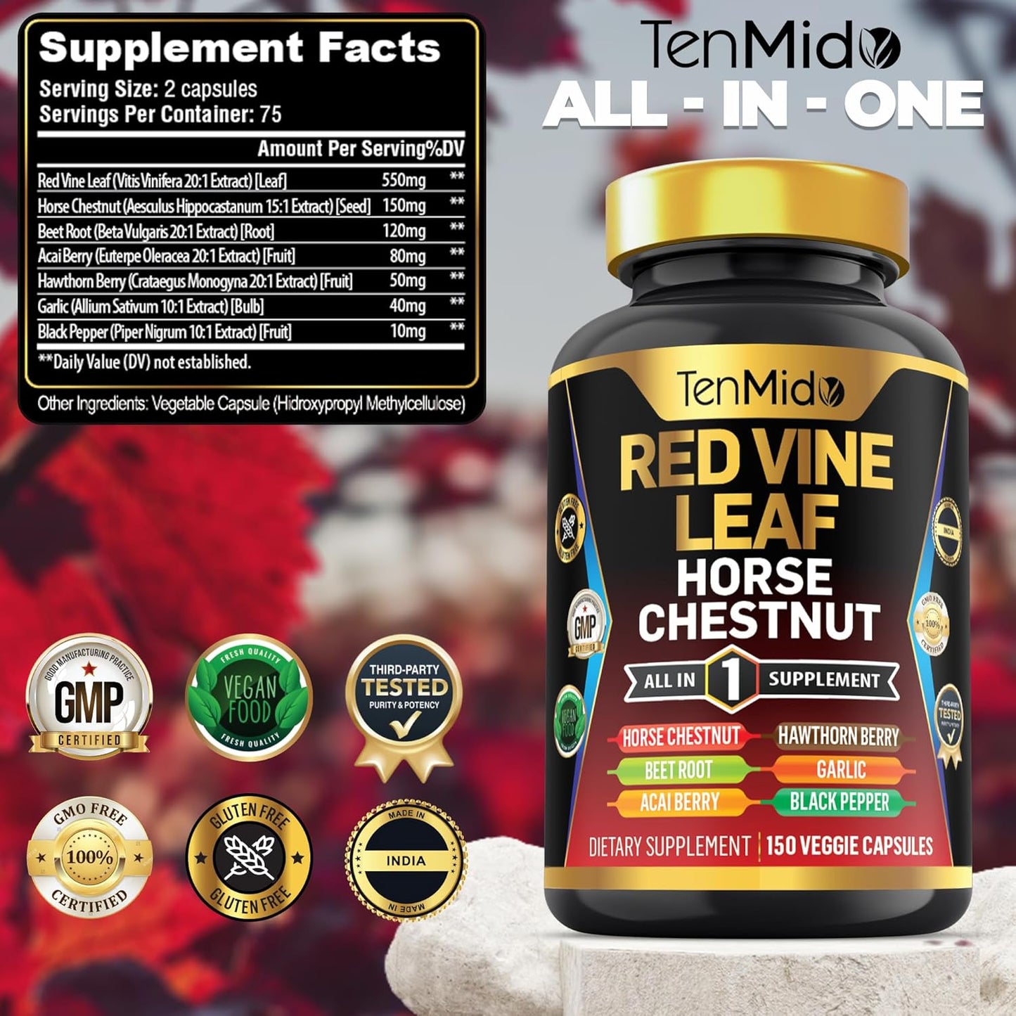 Red Vine Leaf Extract Supplement with 7in1 Formula - 150 Capsules for 75 Days Supply - Includes Horse Chestnut, Beet Root, Acai Berry, Hawthorn Berry, Garlic, and Black Pepper