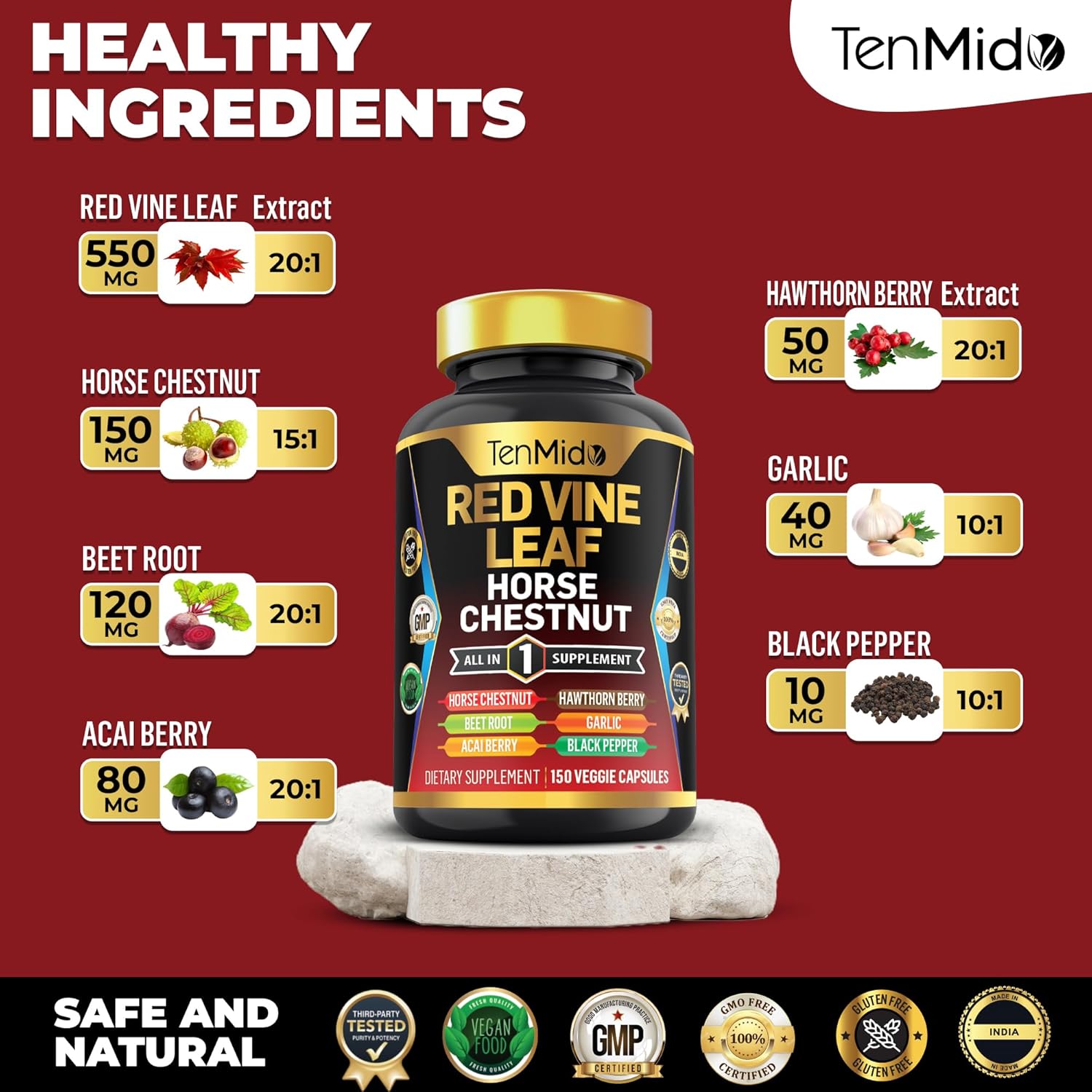 Red Vine Leaf Extract Supplement with 7in1 Formula - 150 Capsules for 75 Days Supply - Includes Horse Chestnut, Beet Root, Acai Berry, Hawthorn Berry, Garlic, and Black Pepper