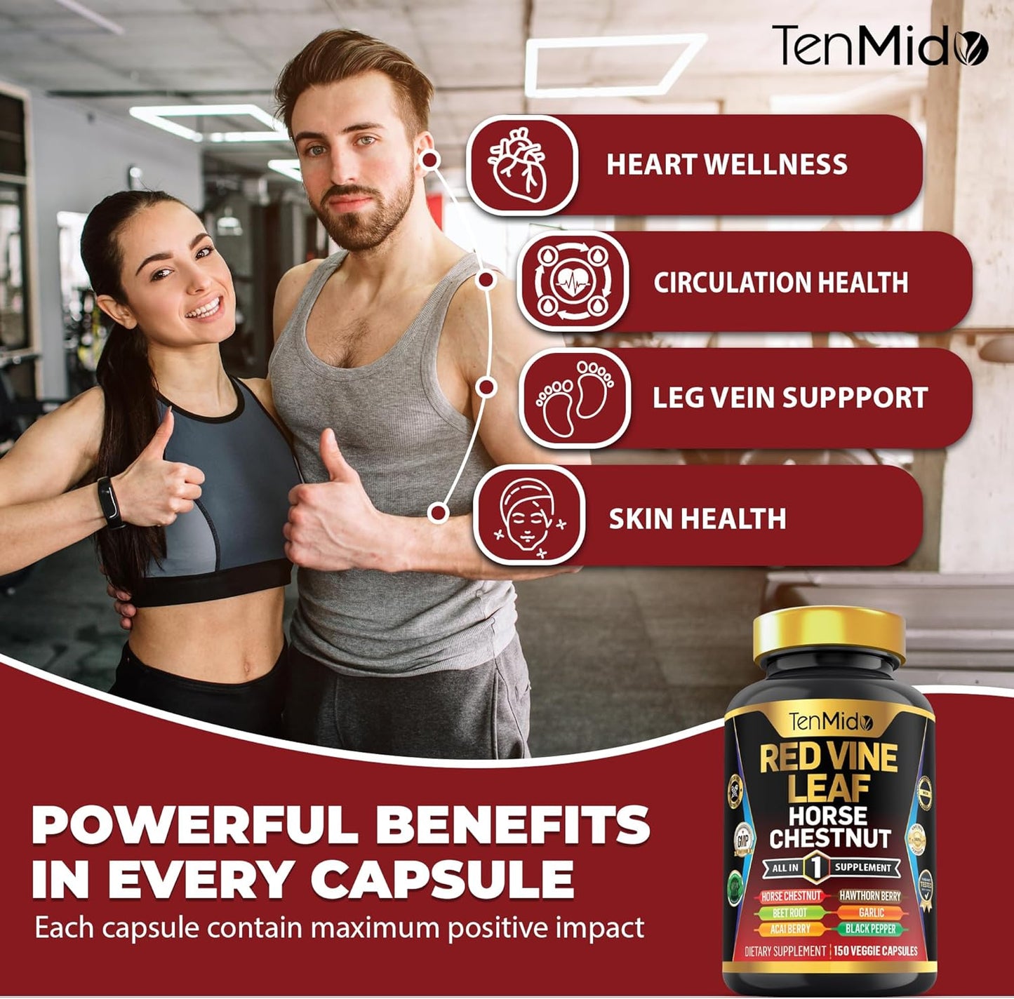 Red Vine Leaf Extract Supplement with 7in1 Formula - 150 Capsules for 75 Days Supply - Includes Horse Chestnut, Beet Root, Acai Berry, Hawthorn Berry, Garlic, and Black Pepper