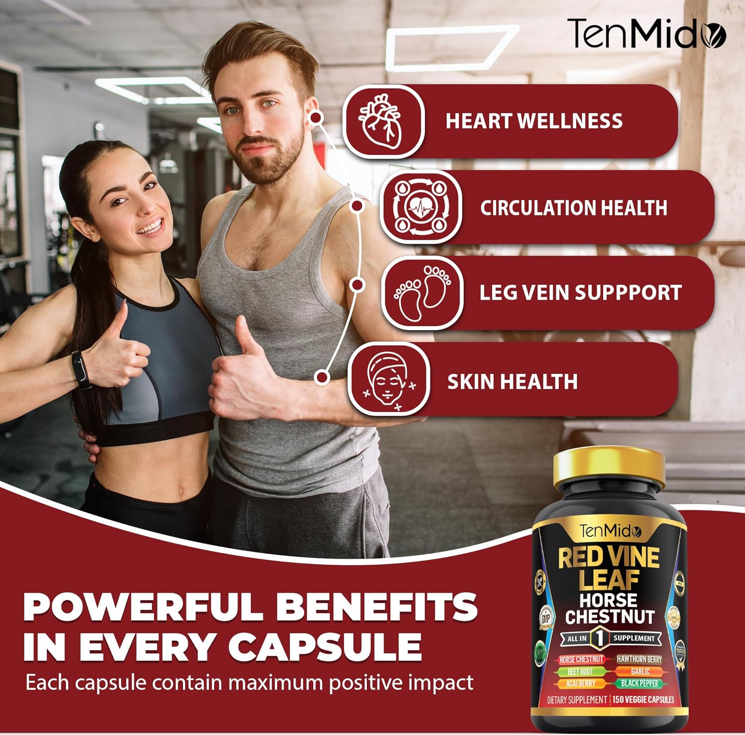 Red Vine Leaf Extract Supplement with 7in1 Formula - 150 Capsules for 75 Days Supply - Includes Horse Chestnut, Beet Root, Acai Berry, Hawthorn Berry, Garlic, and Black Pepper