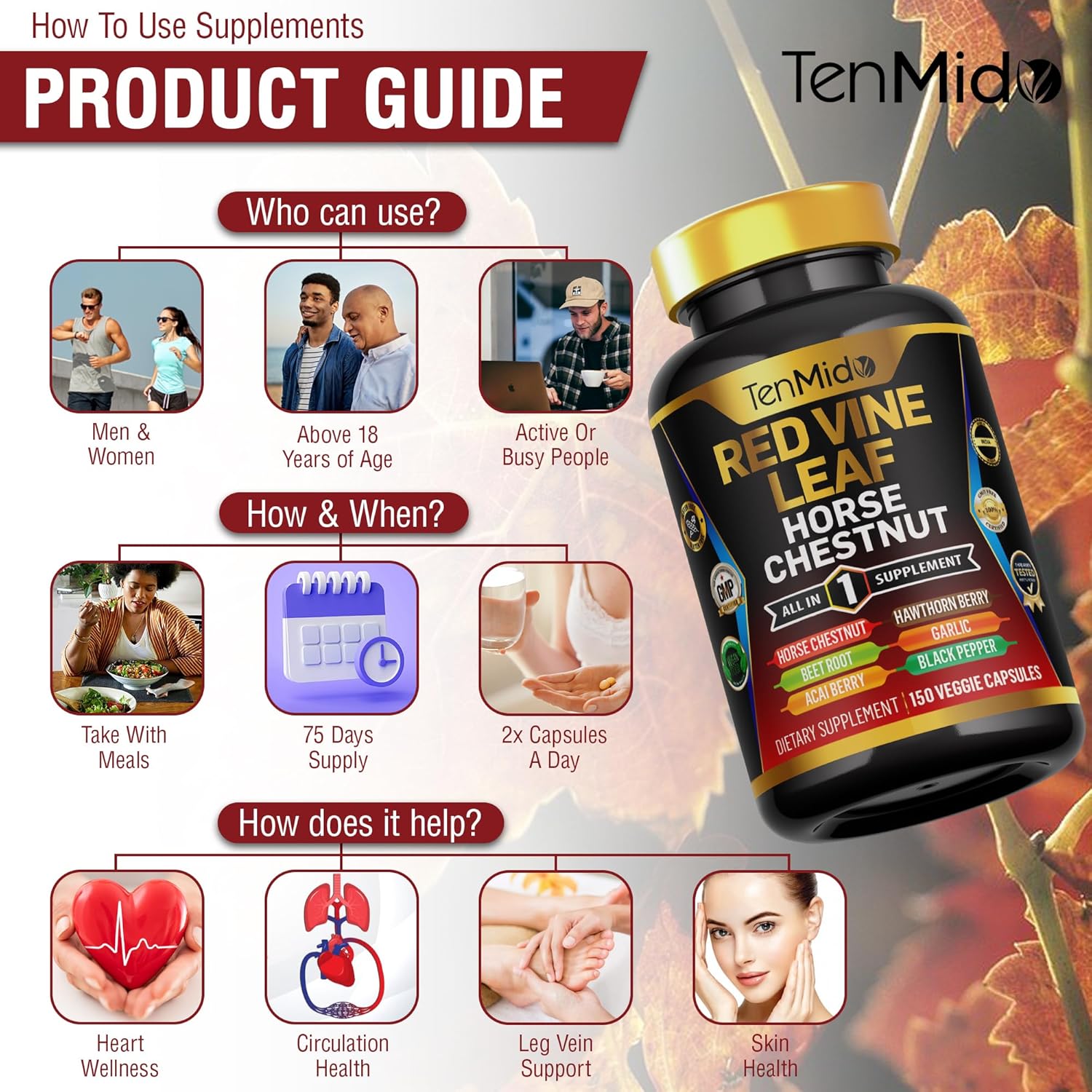 Red Vine Leaf Extract Supplement with 7in1 Formula - 150 Capsules for 75 Days Supply - Includes Horse Chestnut, Beet Root, Acai Berry, Hawthorn Berry, Garlic, and Black Pepper