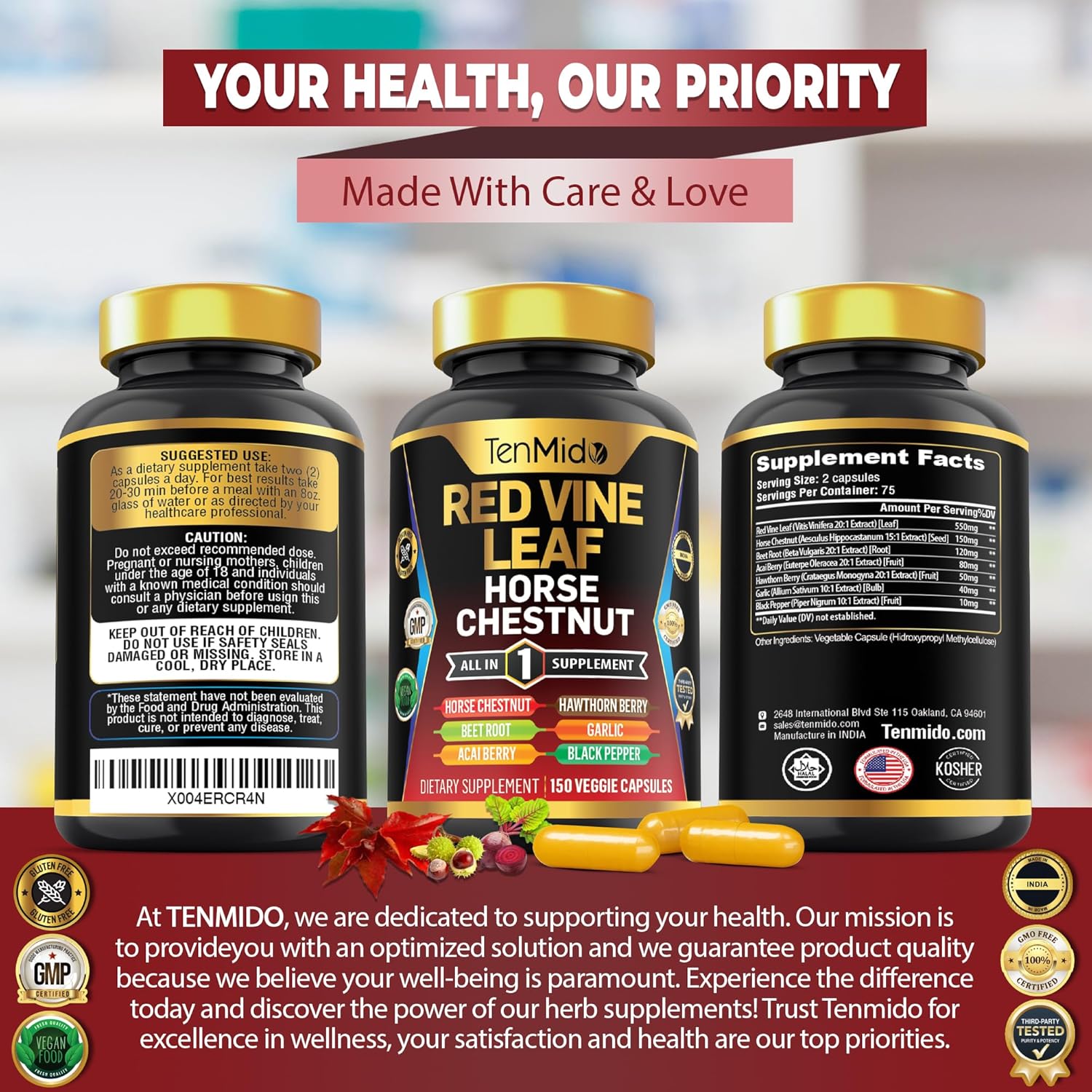 Red Vine Leaf Extract Supplement with 7in1 Formula - 150 Capsules for 75 Days Supply - Includes Horse Chestnut, Beet Root, Acai Berry, Hawthorn Berry, Garlic, and Black Pepper