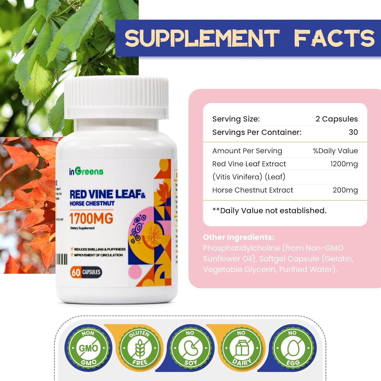 Red Vine Leaf & Horse Chestnut Extract Supplements for Vein & Skin Health - 1700mg - Circulation Support for Legs - 1 Pack