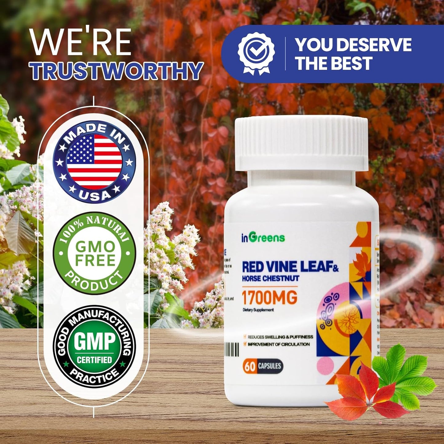 Red Vine Leaf & Horse Chestnut Extract Supplements for Vein & Skin Health - 1700mg - Circulation Support for Legs - 1 Pack