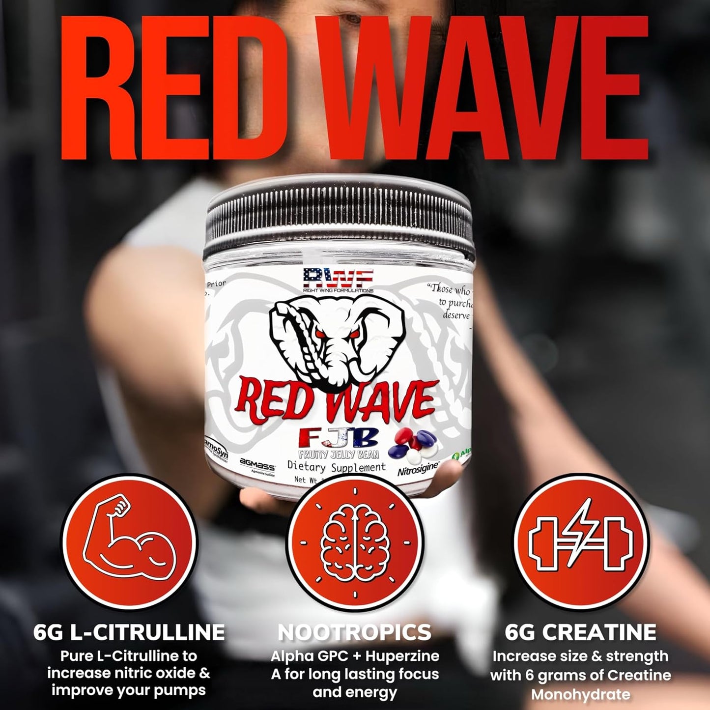 Red Wave Pre Workout Powder with Creatine - Fully Dosed Supplement for Men & Women, Citrulline, Beta-Alanine, 300mg Caffeine, Nootropics, Long Lasting Energy - 540g