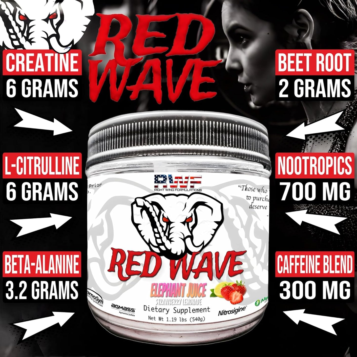 Red Wave Pre Workout Powder with Creatine - Fully Dosed Supplement for Men & Women, Citrulline, Beta-Alanine, 300mg Caffeine, Nootropics, Long Lasting Energy - 540g