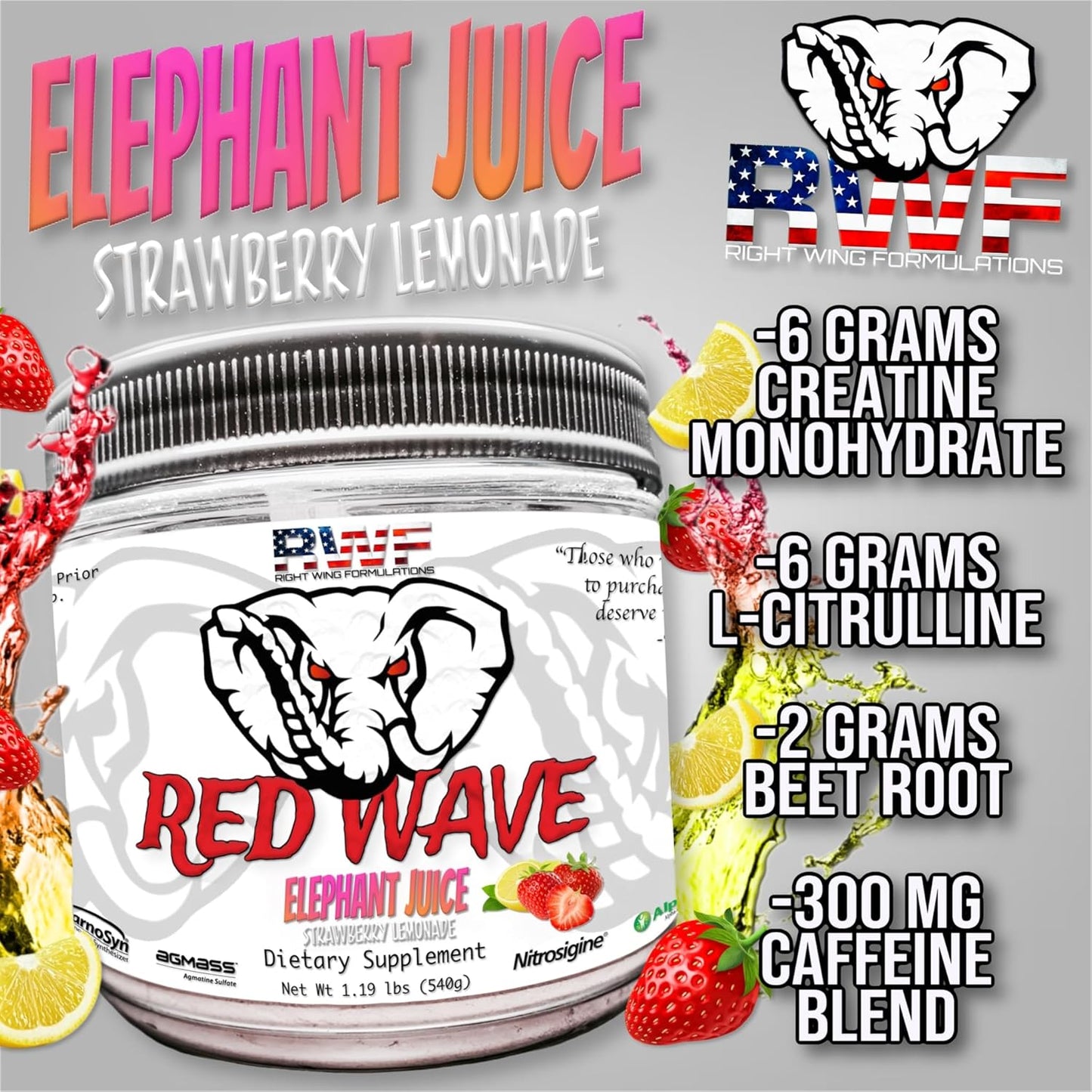 Red Wave Pre Workout Powder with Creatine - Fully Dosed Supplement for Men & Women, Citrulline, Beta-Alanine, 300mg Caffeine, Nootropics, Long Lasting Energy - 540g