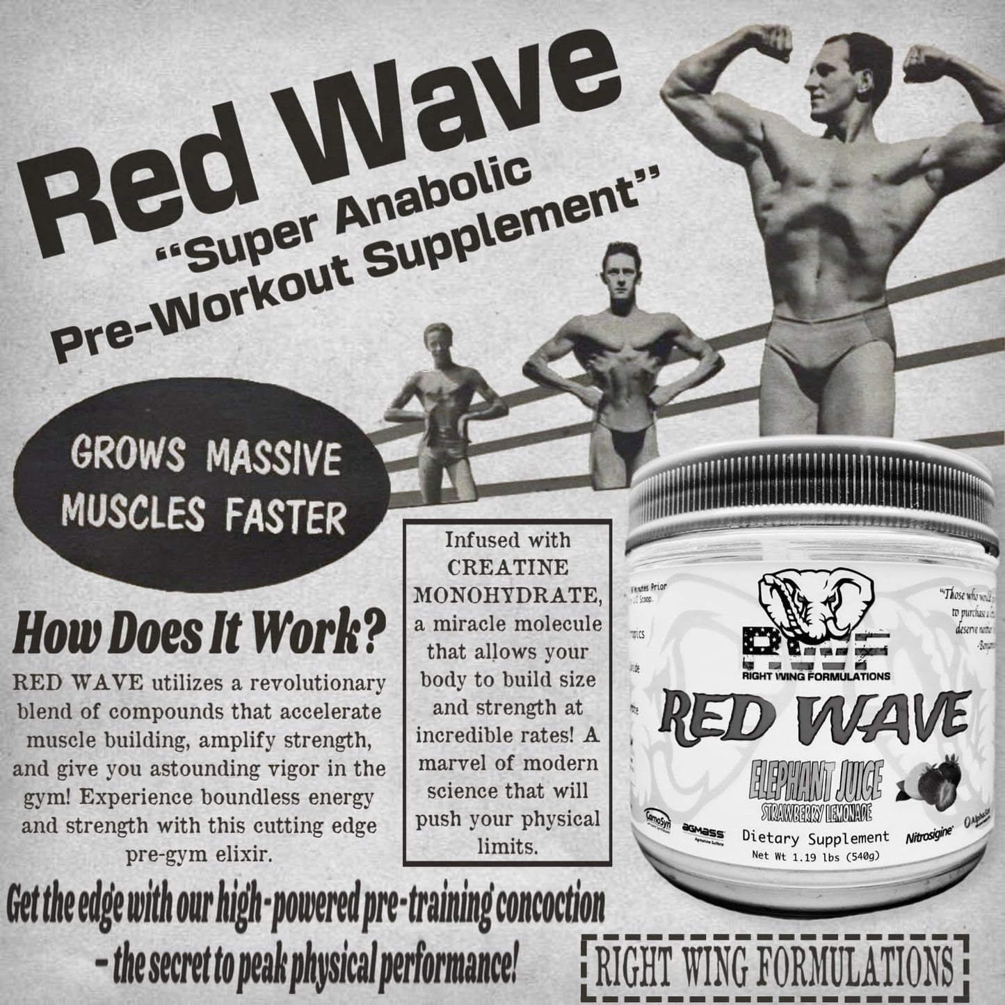 Red Wave Pre Workout Powder with Creatine - Fully Dosed Supplement for Men & Women, Citrulline, Beta-Alanine, 300mg Caffeine, Nootropics, Long Lasting Energy - 540g