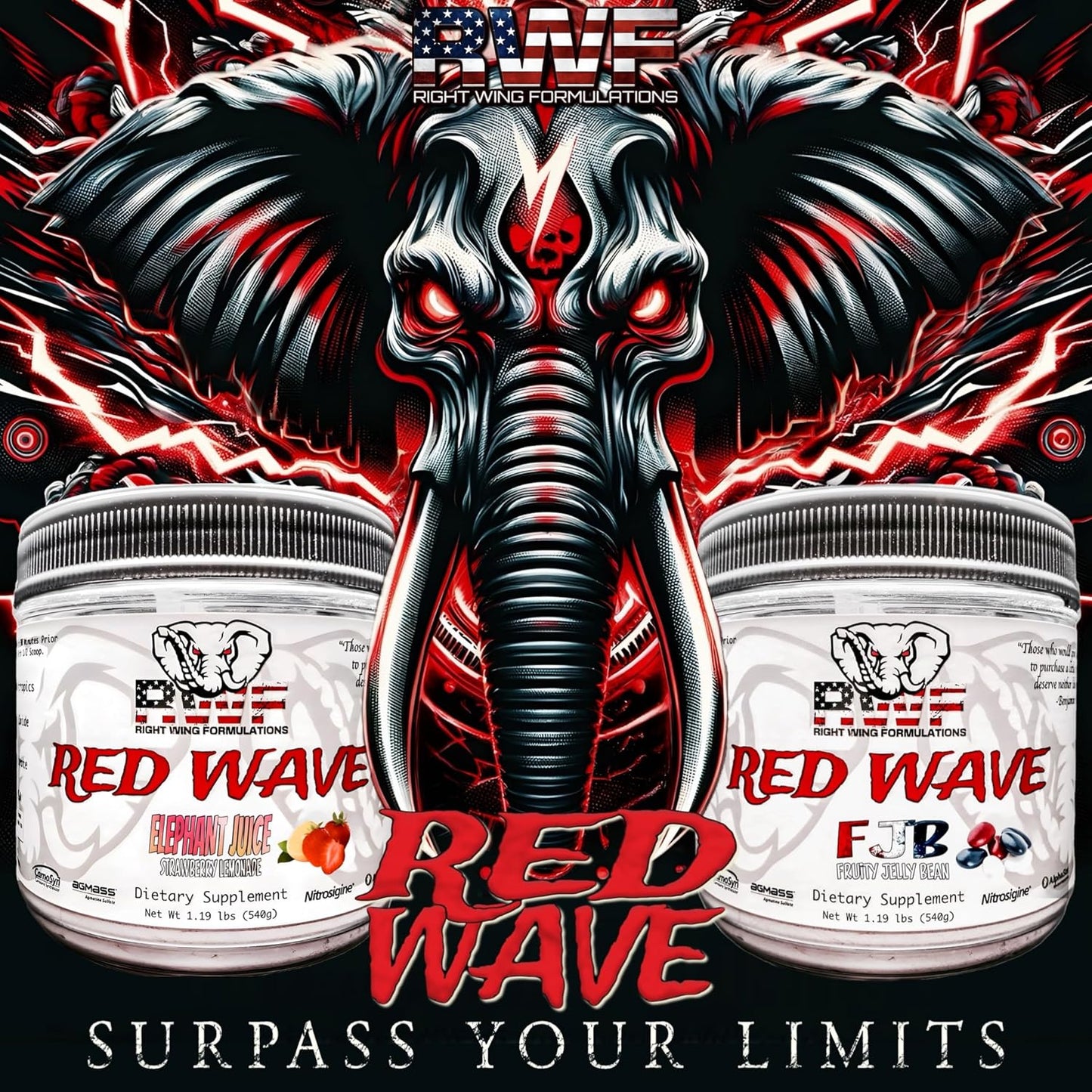 Red Wave Pre Workout Powder with Creatine - Fully Dosed Supplement for Men & Women, Citrulline, Beta-Alanine, 300mg Caffeine, Nootropics, Long Lasting Energy - 540g