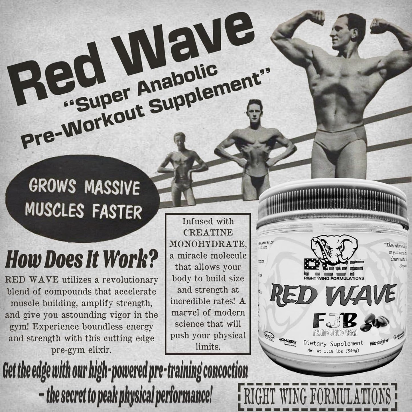 Red Wave Pre-Workout Powder with Creatine for Men and Women - Citrulline, Beta-Alanine, Caffeine, Nootropics, Long Lasting Energy - 540g (Fruity Jelly Bean)