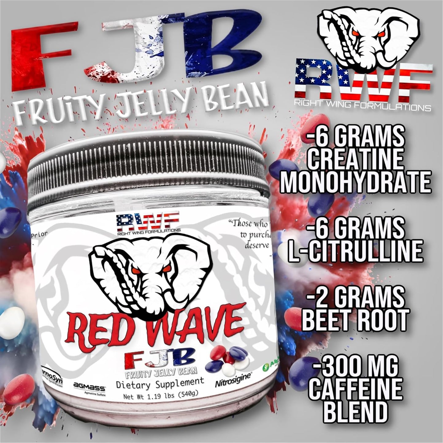 Red Wave Pre-Workout Powder with Creatine for Men and Women - Citrulline, Beta-Alanine, Caffeine, Nootropics, Long Lasting Energy - 540g (Fruity Jelly Bean)