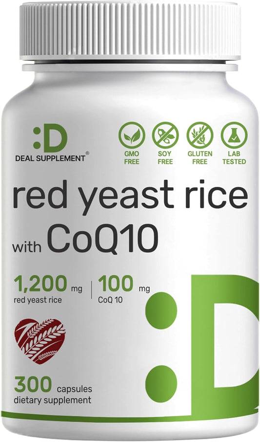 Red Yeast Rice and CoQ10 Supplement - 1,200mg Per Serving, 300 Capsules - Antioxidant Support, Non-GMO, Citrinin Free
