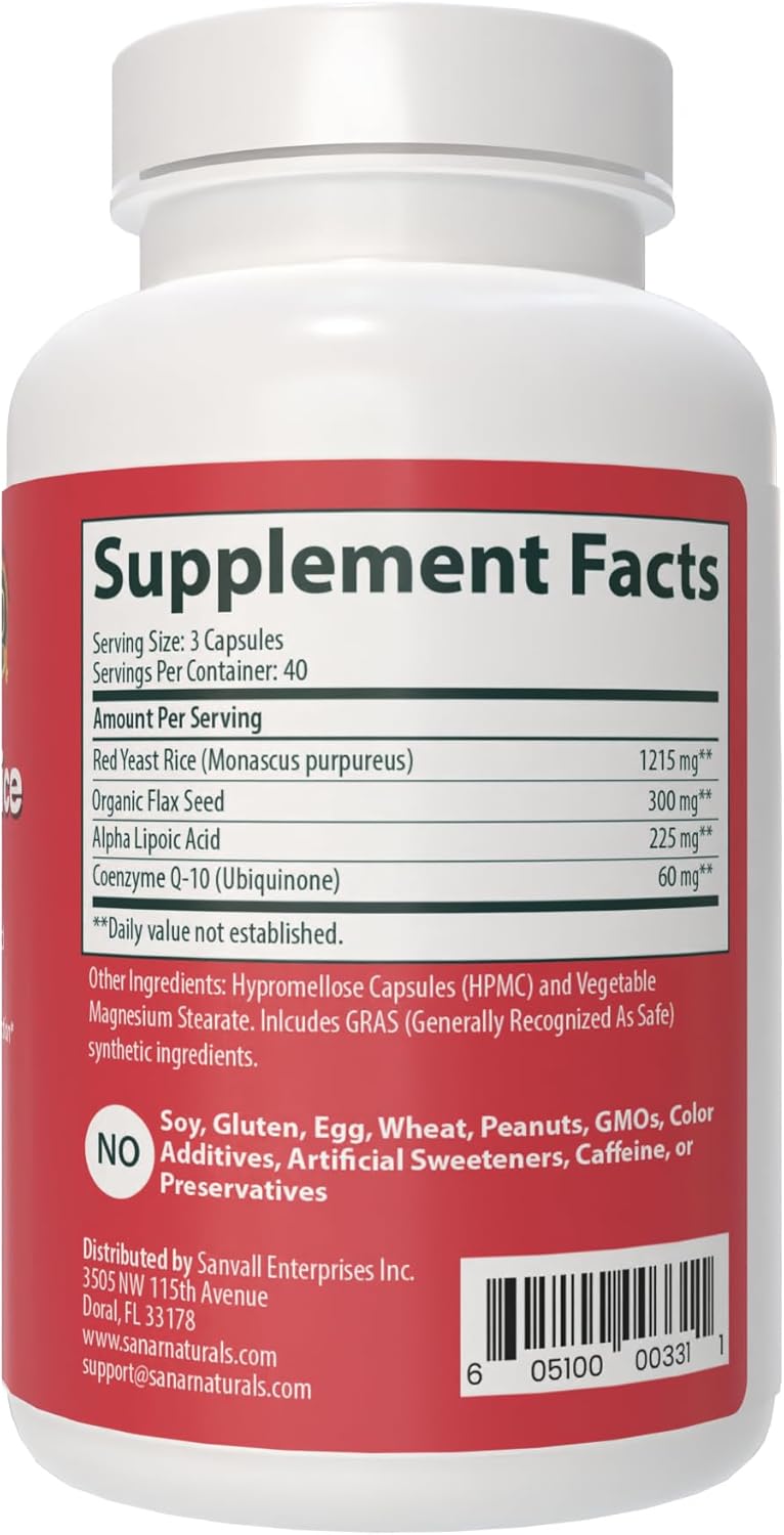 Red Yeast Rice and CoQ10 Supplement for Heart Health and Energy - Non-GMO, Gluten Free, Vegan - 120 Capsules by Sanar Naturals