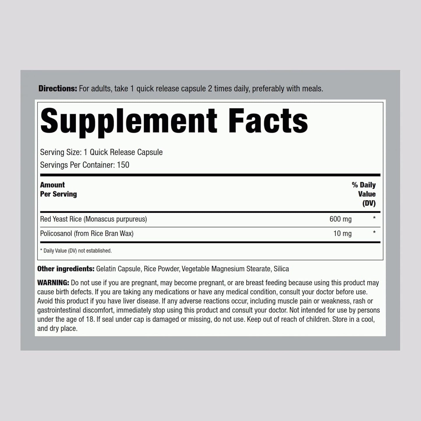 Red Yeast Rice Capsules - 600mg with Policosanol | Non-GMO & Gluten Free Supplement | 150 Count