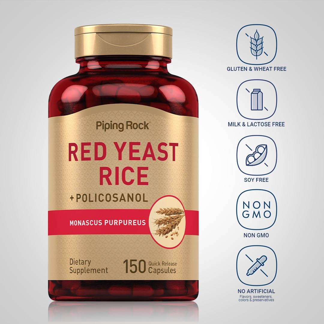 Red Yeast Rice Capsules - 600mg with Policosanol | Non-GMO & Gluten Free Supplement | 150 Count