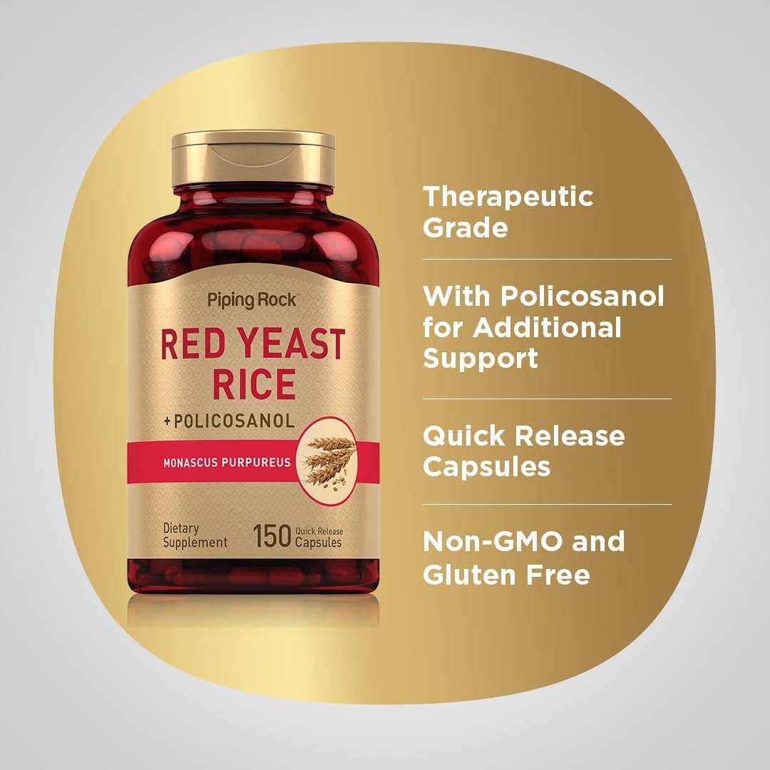 Red Yeast Rice Capsules - 600mg with Policosanol | Non-GMO & Gluten Free Supplement | 150 Count
