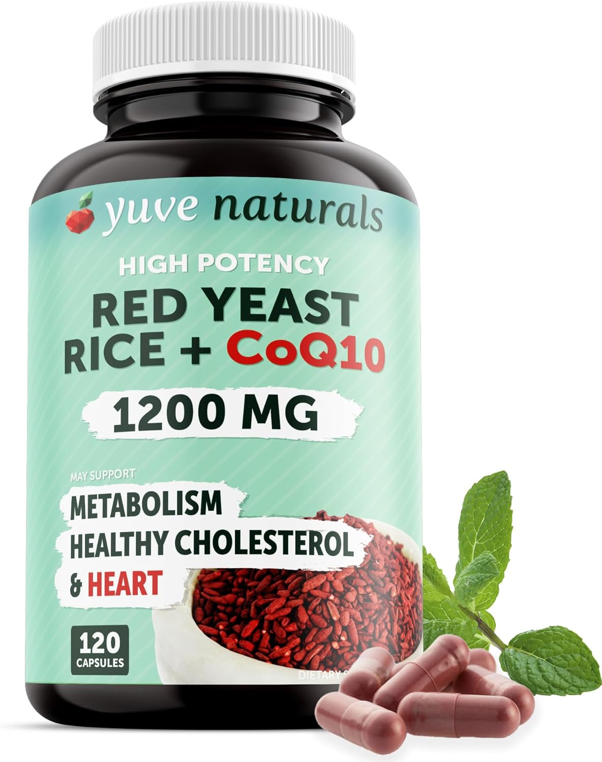 Red Yeast Rice Capsules with CoQ10 - Herbal Heart Health Supplement for Healthy Cholesterol - Vegan Red Rice Yeast - 1200mg - 120 Ct