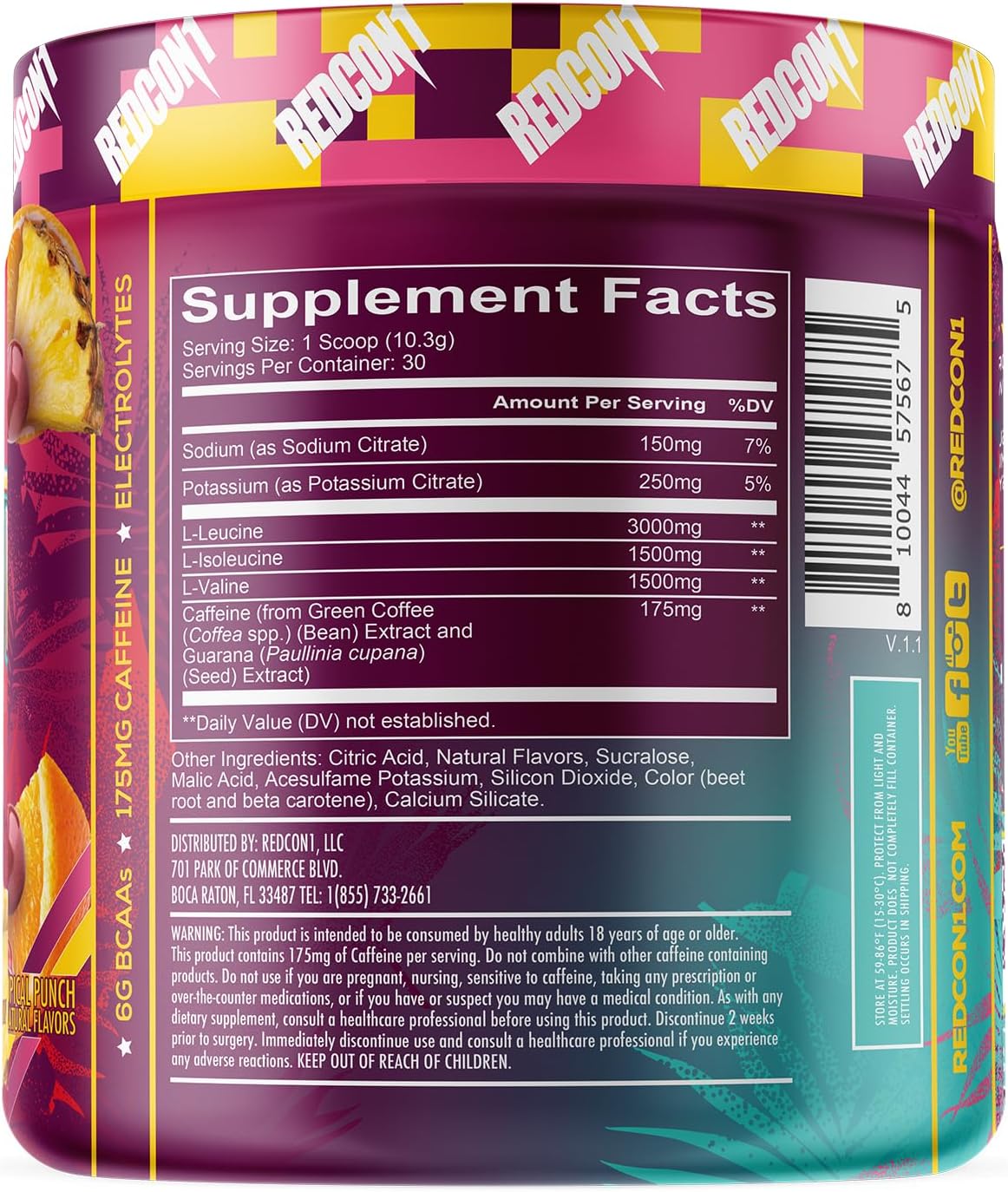 REDCON1 Breach+ Energy, Tropical Punch BCAA Powder - Sugar Free with 175 mg Caffeine - 3 Essential Amino Acids - 30 Servings