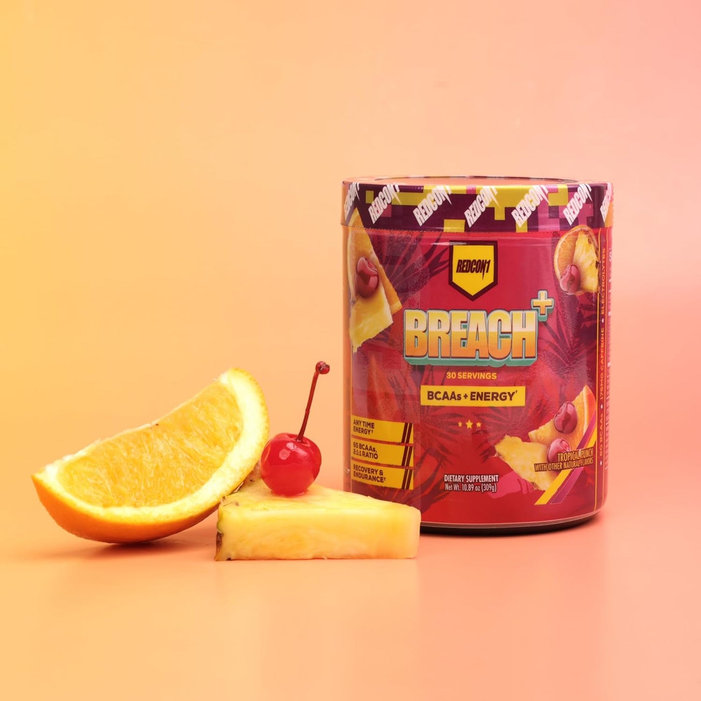 REDCON1 Breach+ Energy, Tropical Punch BCAA Powder - Sugar Free with 175 mg Caffeine - 3 Essential Amino Acids - 30 Servings