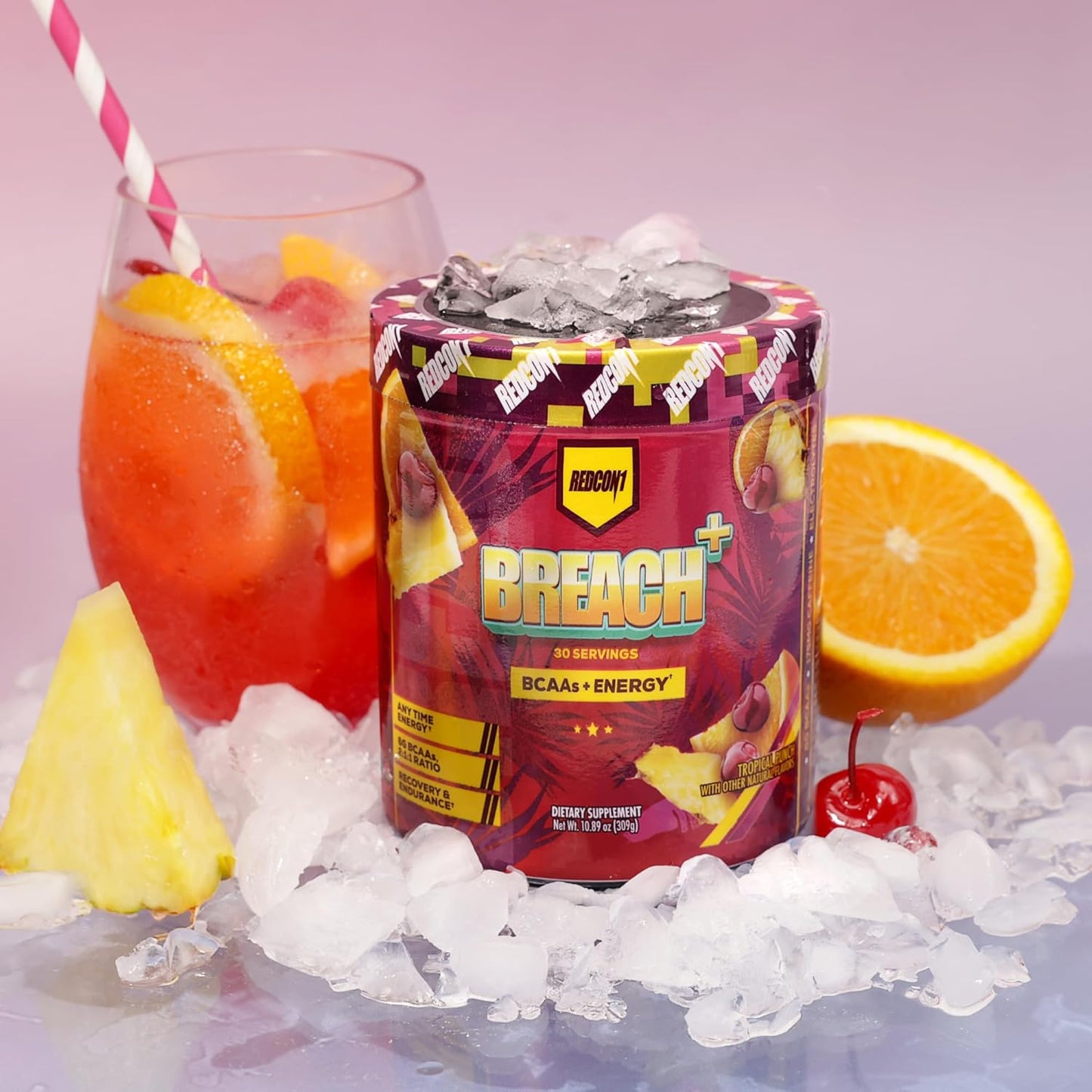 REDCON1 Breach+ Energy, Tropical Punch BCAA Powder - Sugar Free with 175 mg Caffeine - 3 Essential Amino Acids - 30 Servings