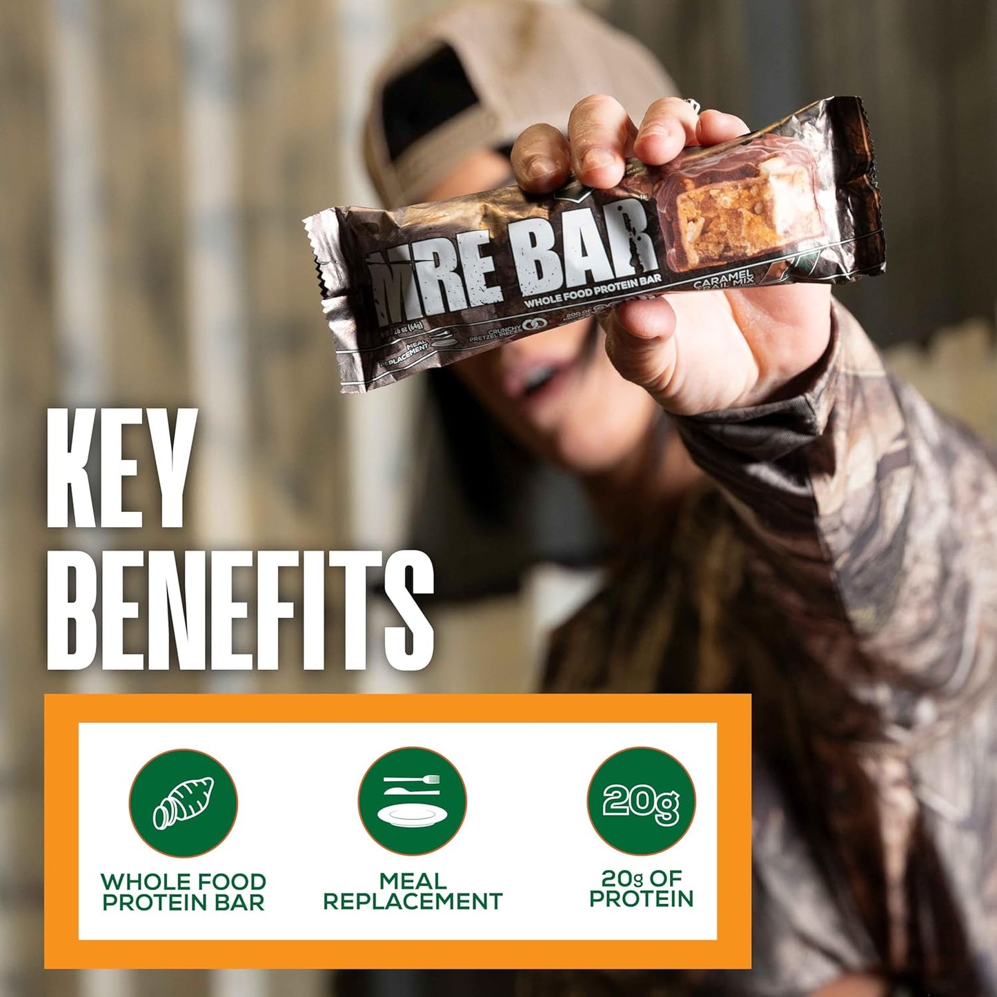 Redcon1 Mossy Oak MRE Protein Bar, Caramel Trail Mix - 20g Whole Food Protein + MCT Oil - Digestible, Low Sugar Meal Replacement Bar (12 Pack)