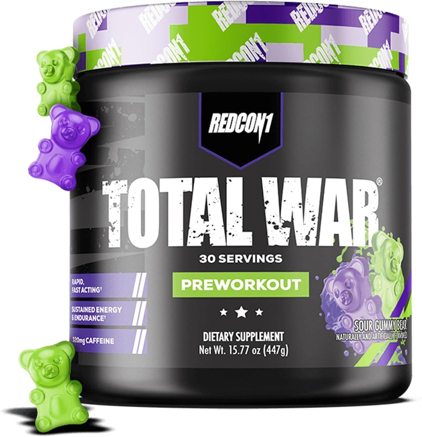 REDCON1 Total War Preworkout - High Caffeine Pre Workout with Amino Acids for Increased Pump, Energy, and Endurance - Sour Gummy Bear Flavor, 30 Servings