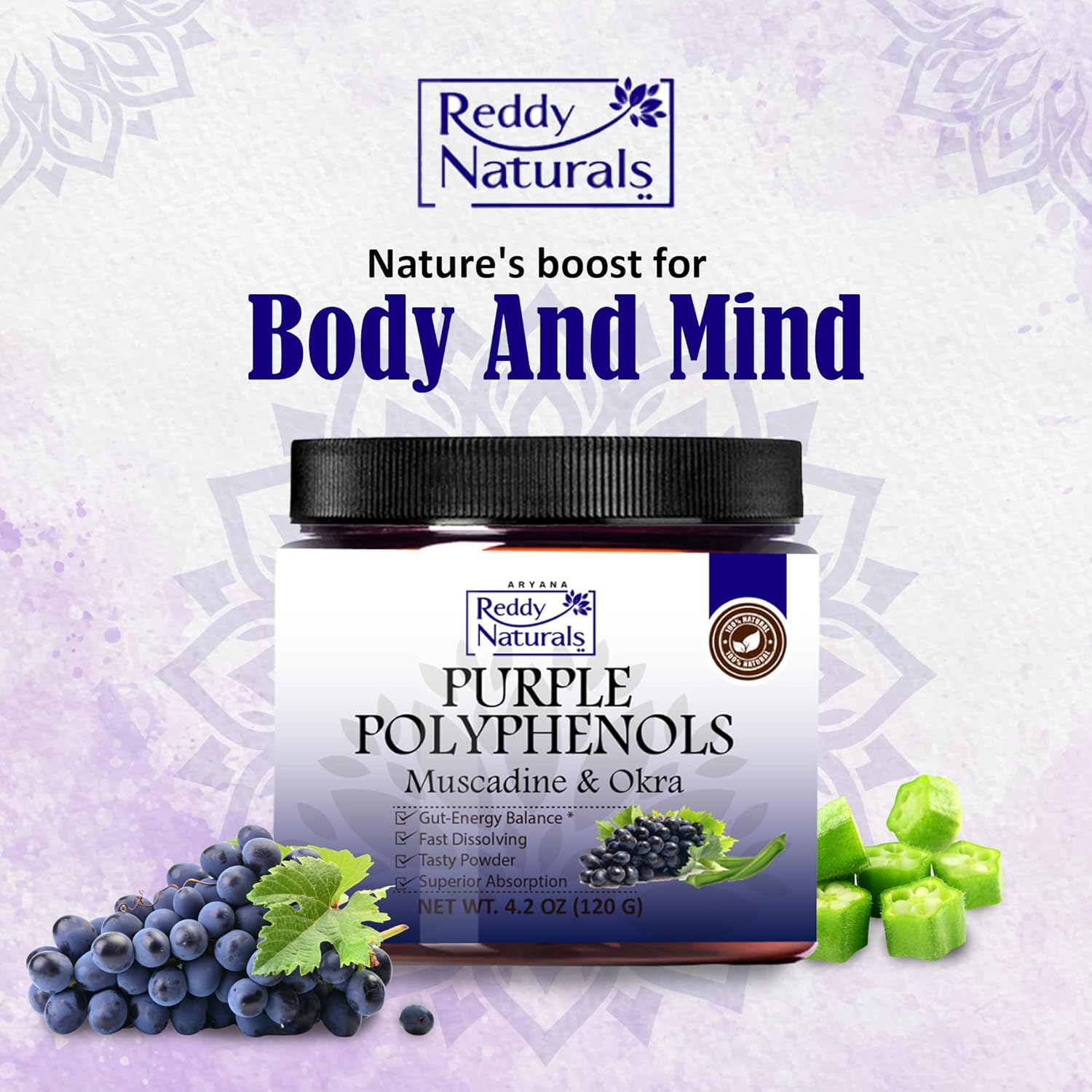 Reddy Naturals Aryana Purple Polyphenols Supplement - Antioxidant Superfood with Muscadine Grape Extract - Plant Compounds for Men & Women