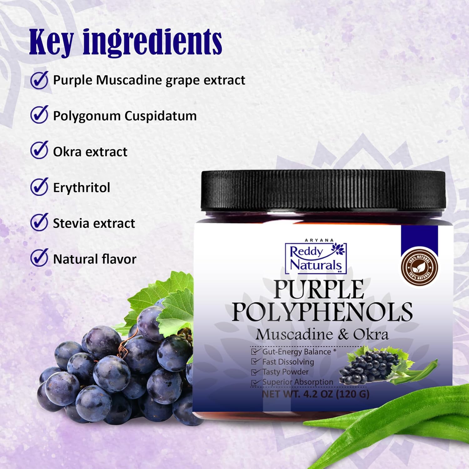 Reddy Naturals Aryana Purple Polyphenols Supplement - Antioxidant Superfood with Muscadine Grape Extract - Plant Compounds for Men & Women