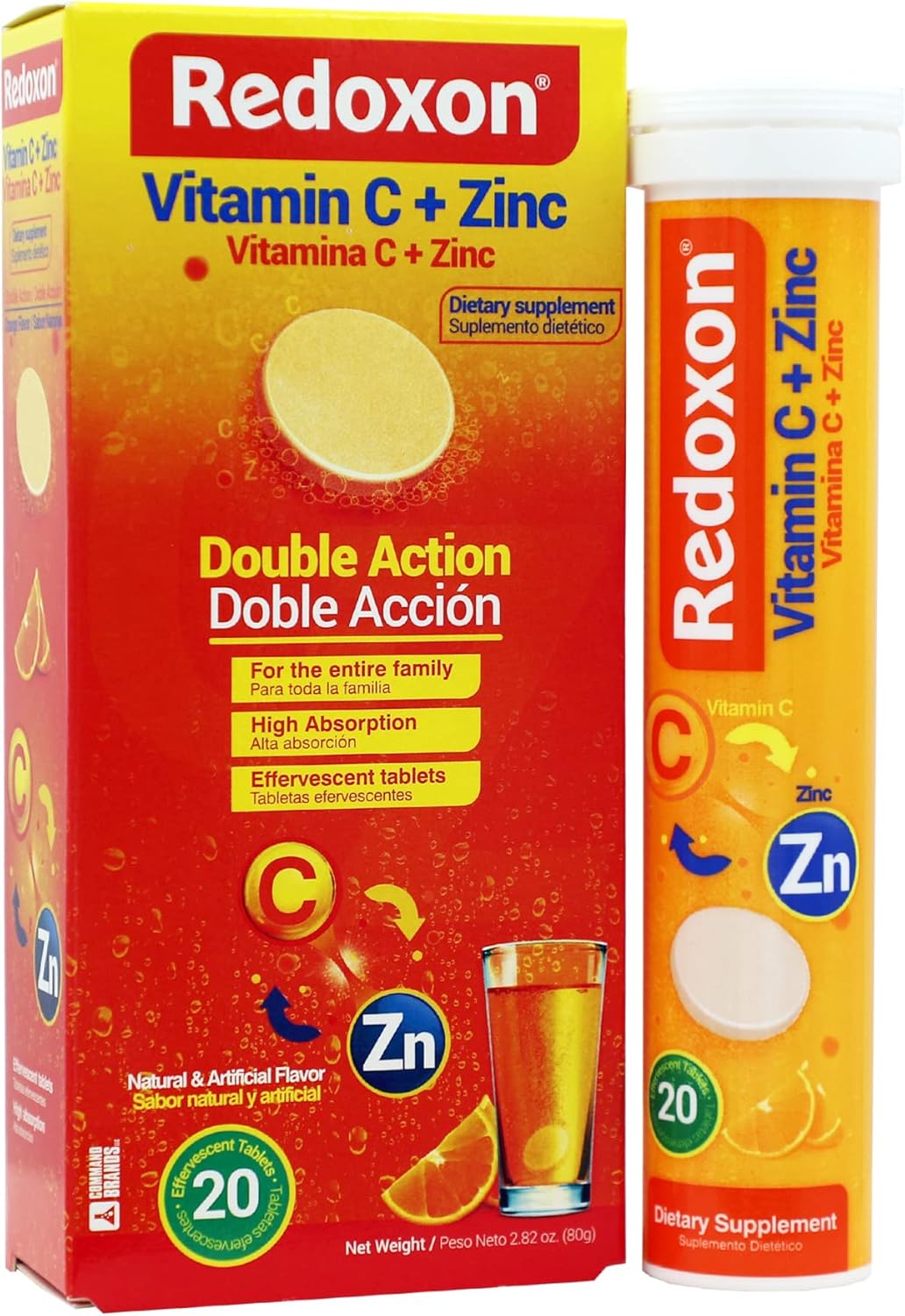 Redoxon Vitamin C + Zinc Effervescent Tablets - Immune System Support - Orange Flavor - 20 Tablets - 2.82 Oz Box