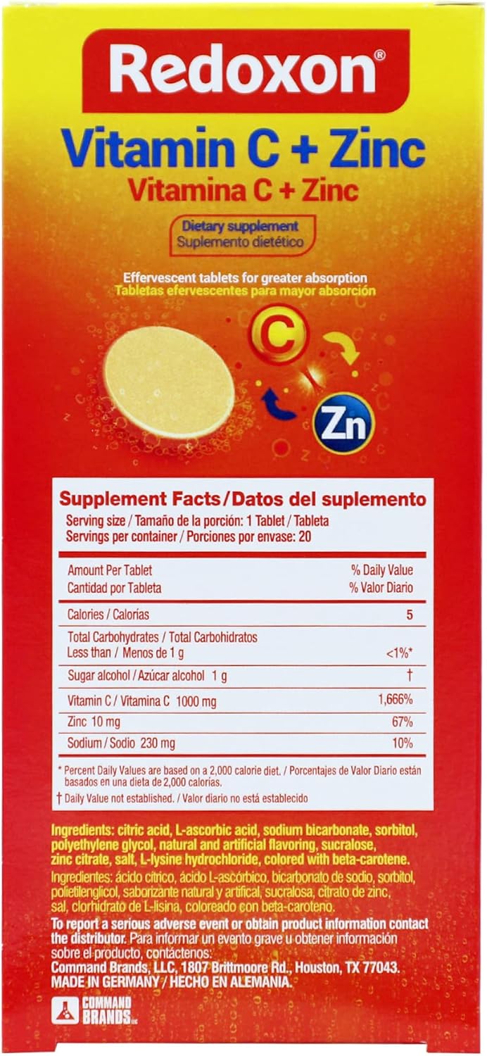 Redoxon Vitamin C + Zinc Effervescent Tablets - Immune System Support - Orange Flavor - 20 Tablets - 2.82 Oz Box