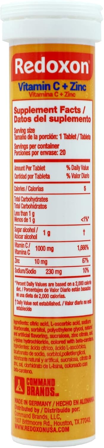 Redoxon Vitamin C + Zinc Effervescent Tablets - Immune System Support - Orange Flavor - 20 Tablets - 2.82 Oz Box