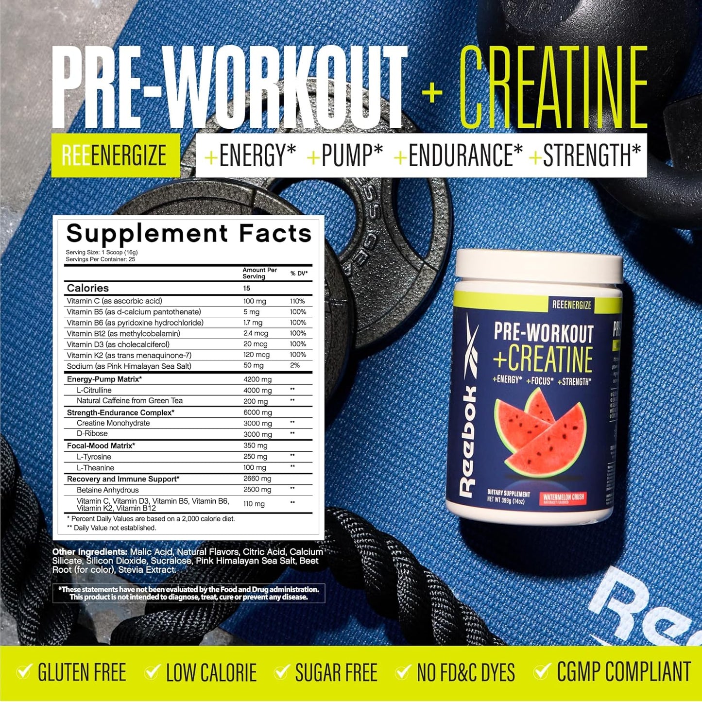 Reebok ReeEnergize Pre-Workout with Creatine - Boost Energy, Focus, and Strength with 200MG Caffeine, 3G Creatine, and 4G Citrulline - Nitric Oxide Booster - Watermelon Crush Flavor - 25 Servings