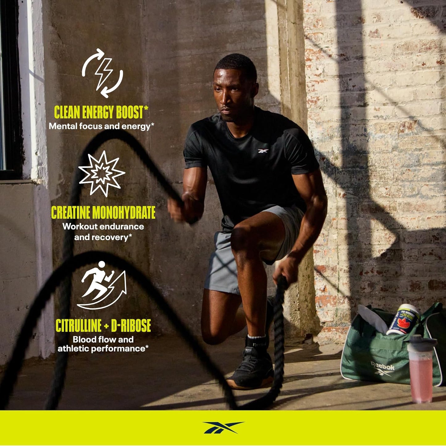 Reebok ReeEnergize Pre-Workout with Creatine - Boost Energy, Focus, and Strength with 200MG Caffeine, 3G Creatine, and 4G Citrulline - Nitric Oxide Booster - Watermelon Crush Flavor - 25 Servings