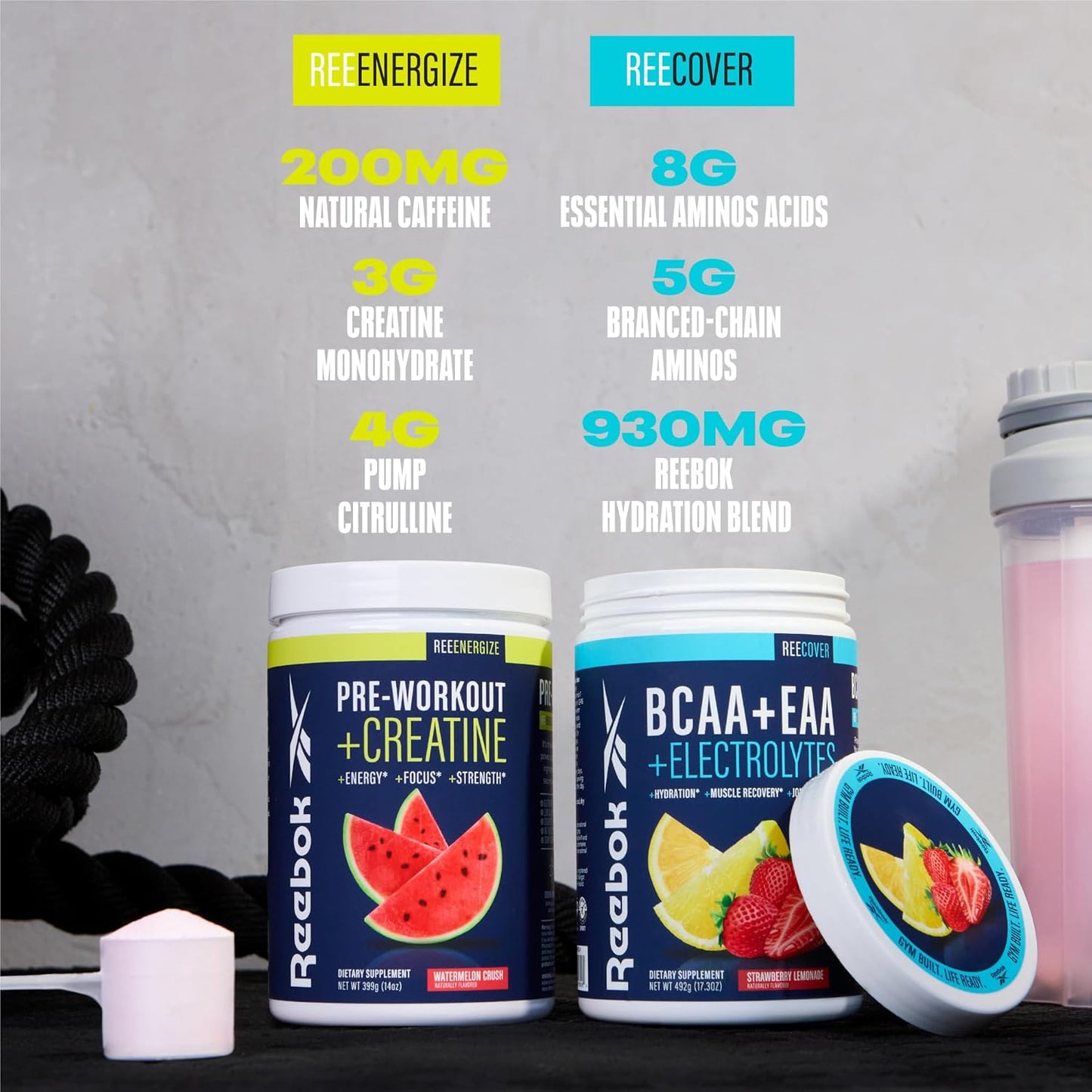 Reebok ReeEnergize & ReeCover Bundle - Pre-Workout & BCAA Recovery System - Watermelon Crush & Strawberry Lemonade - Train & Recover Pack