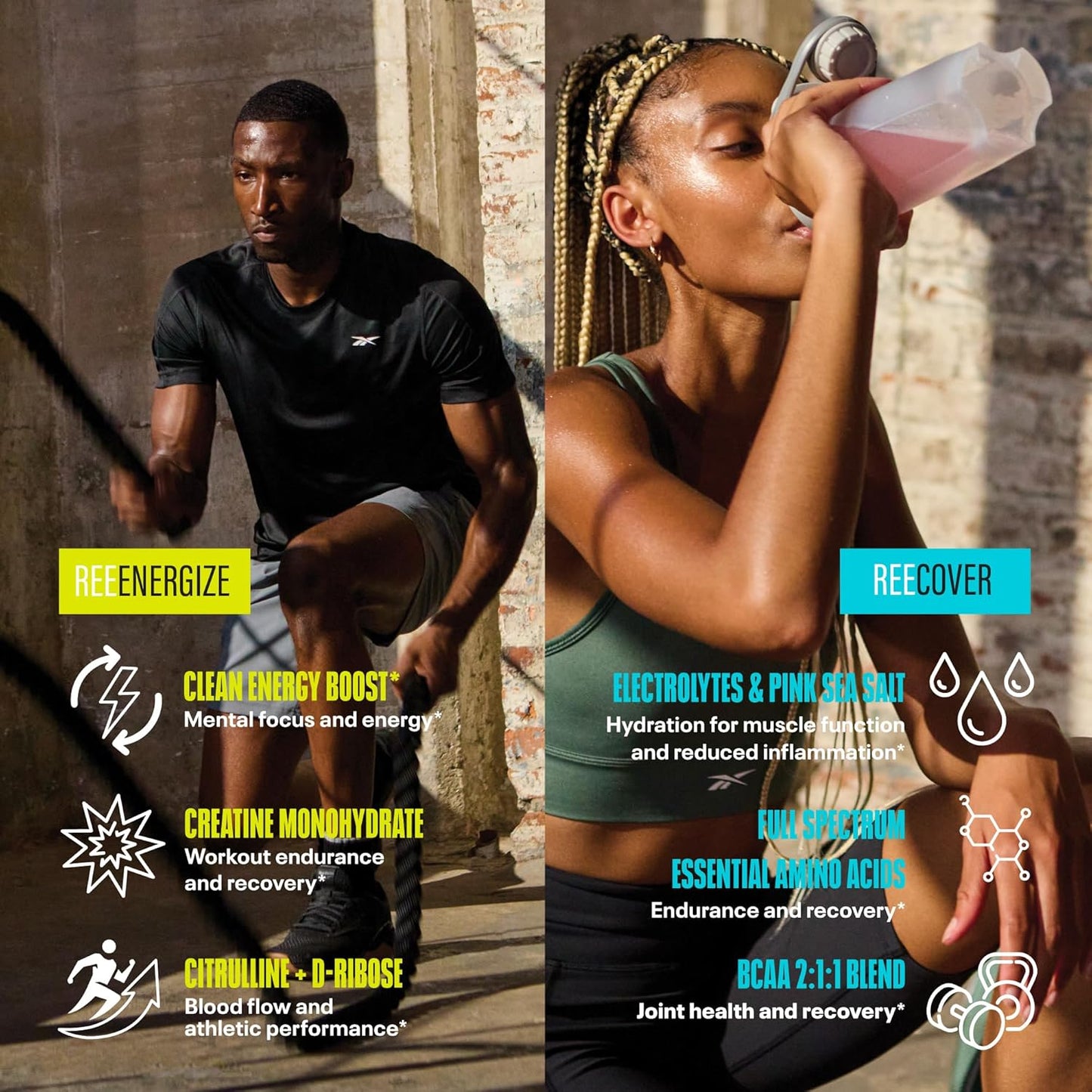 Reebok ReeEnergize & ReeCover Bundle - Pre-Workout & BCAA Recovery System - Watermelon Crush & Strawberry Lemonade - Train & Recover Pack