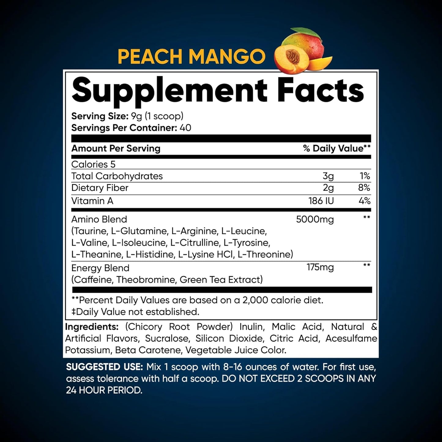 Refuel with Blue Collar Nutrition Amino Acid Energy Powder - 40 Servings for Energy, Focus, and Recovery - Peach Mango Flavor