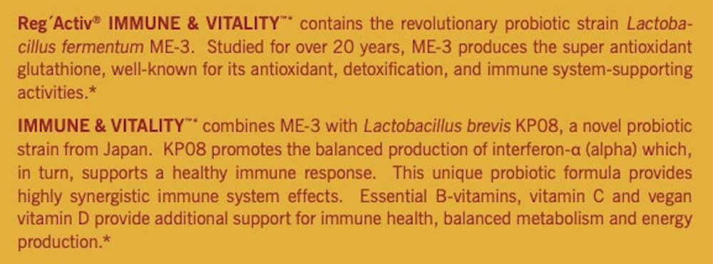 Reg'Activ Immune & Vitality Supplement with Lactobacillus fermentum ME-3, brevis KP08, Vegan Vitamin D3, and Essential B-Vitamins for Health