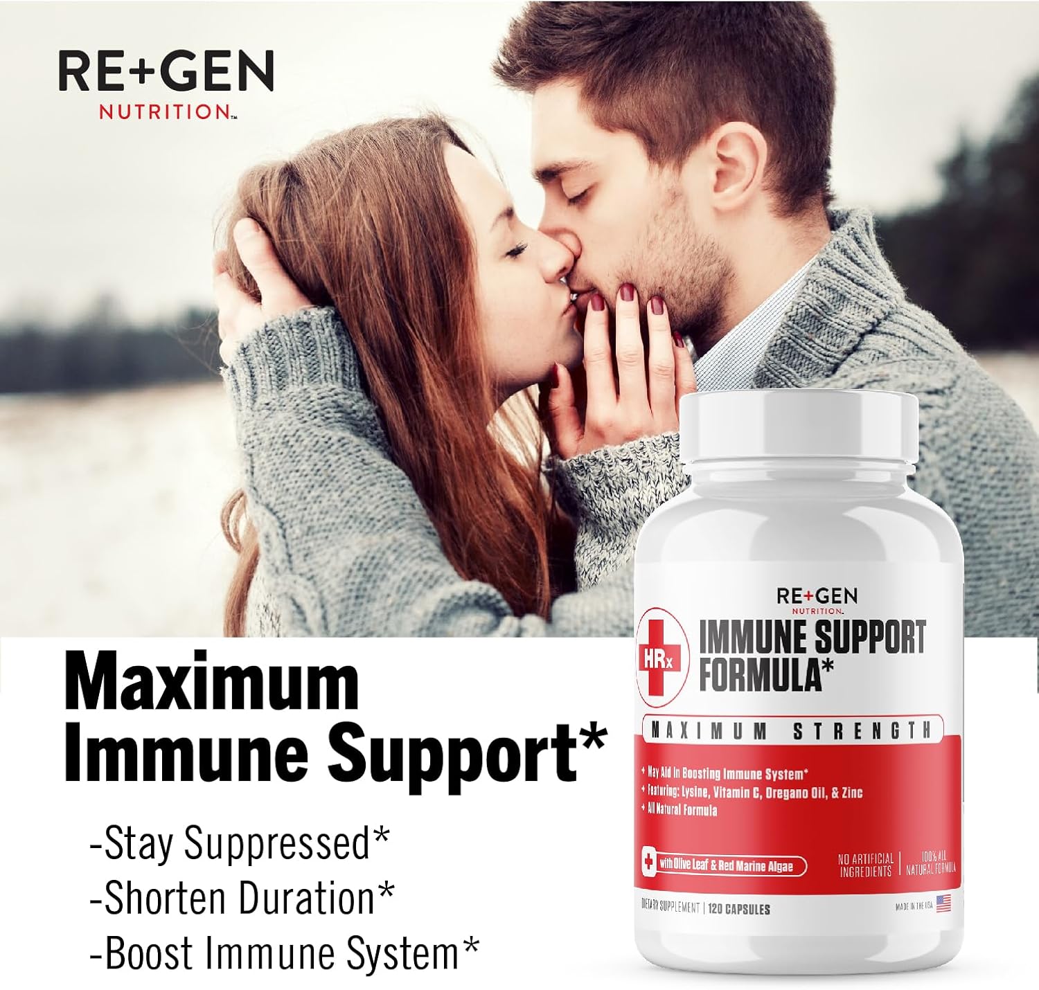 Re+Gen Nutrition Immune Support Supplement with Zinc, Vitamin C, L lysine & Oregano Oil - 120 Capsules for Strong Immunity in Men & Women