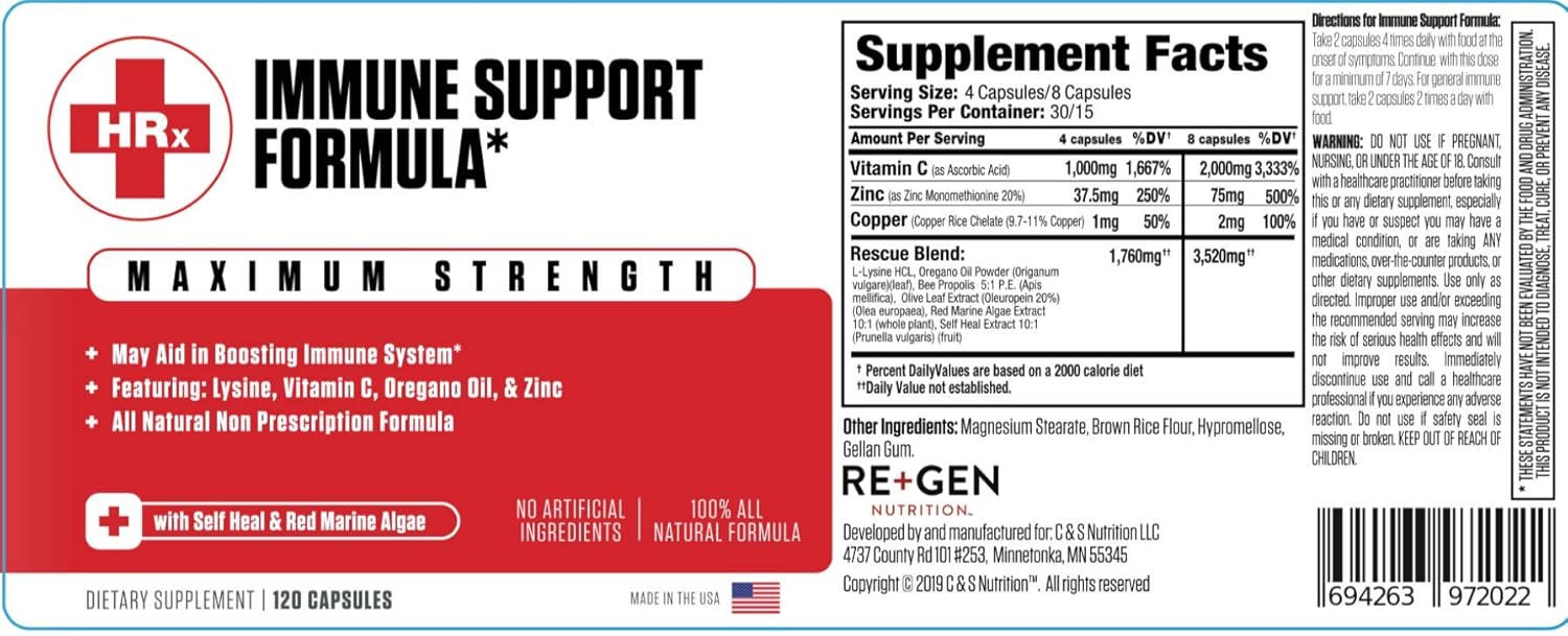 Re+Gen Nutrition Immune Support Supplement with Zinc, Vitamin C, L lysine & Oregano Oil - 120 Capsules for Strong Immunity in Men & Women
