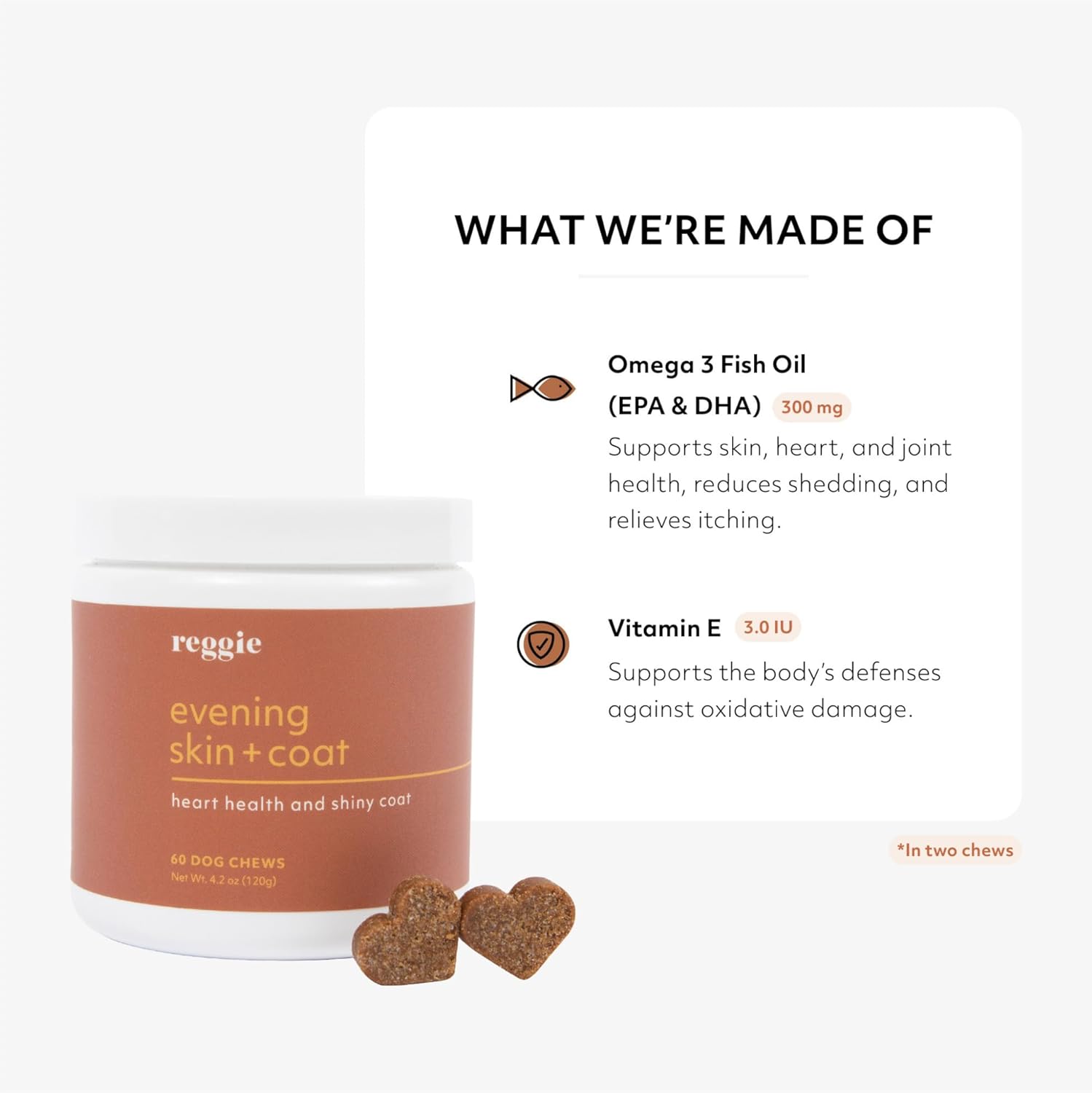 Reggie Evening Skin and Coat Supplements - Ideal for Dogs of All Ages, Breeds, and Sizes - Relieves Itchy/Dry/Flaky Skin & Shedding - 60 Soft Chews - Made in USA