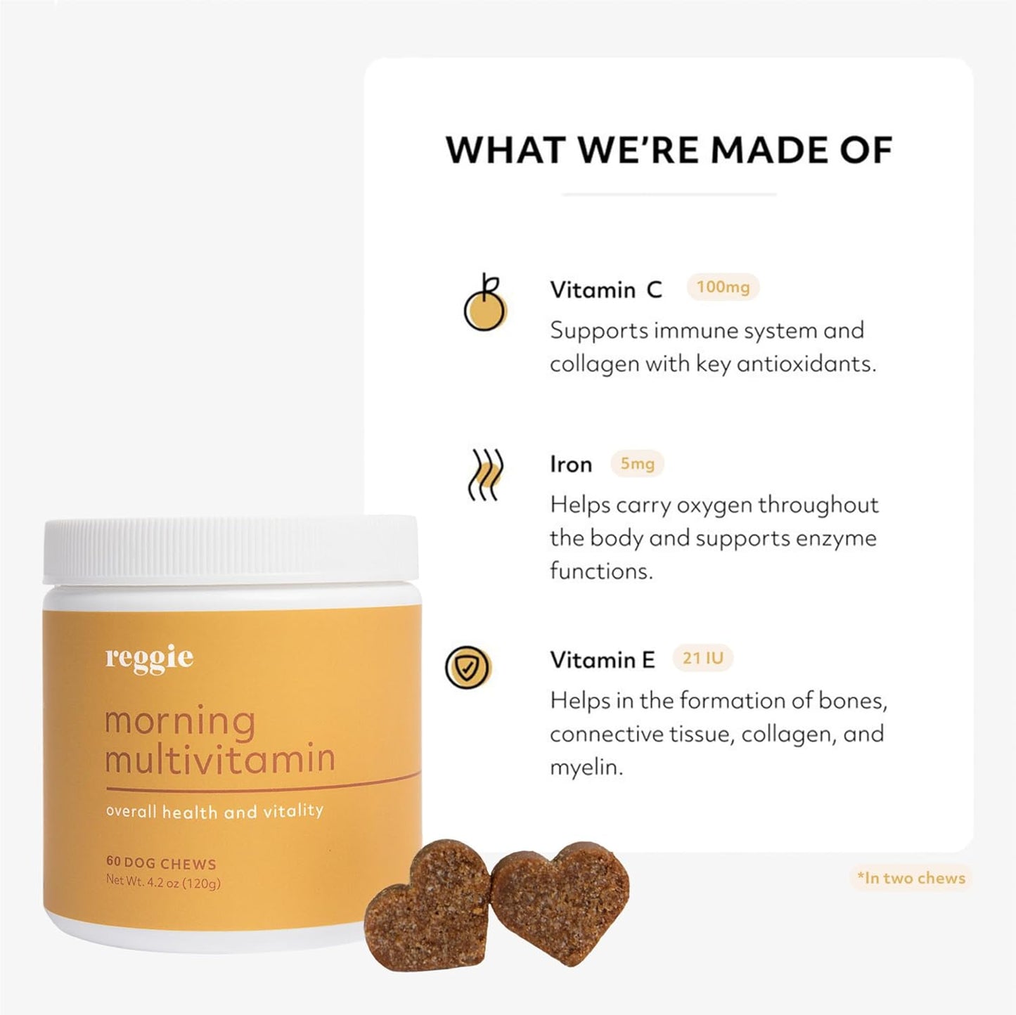 Reggie Morning Multivitamins for Dogs | Advanced Daily Immunity Booster for Heart, Joint, Skin, and Gut Health | Made in USA - Vet-Approved - Ideal for All Ages, Breeds, and Sizes - 60 Soft Chews.