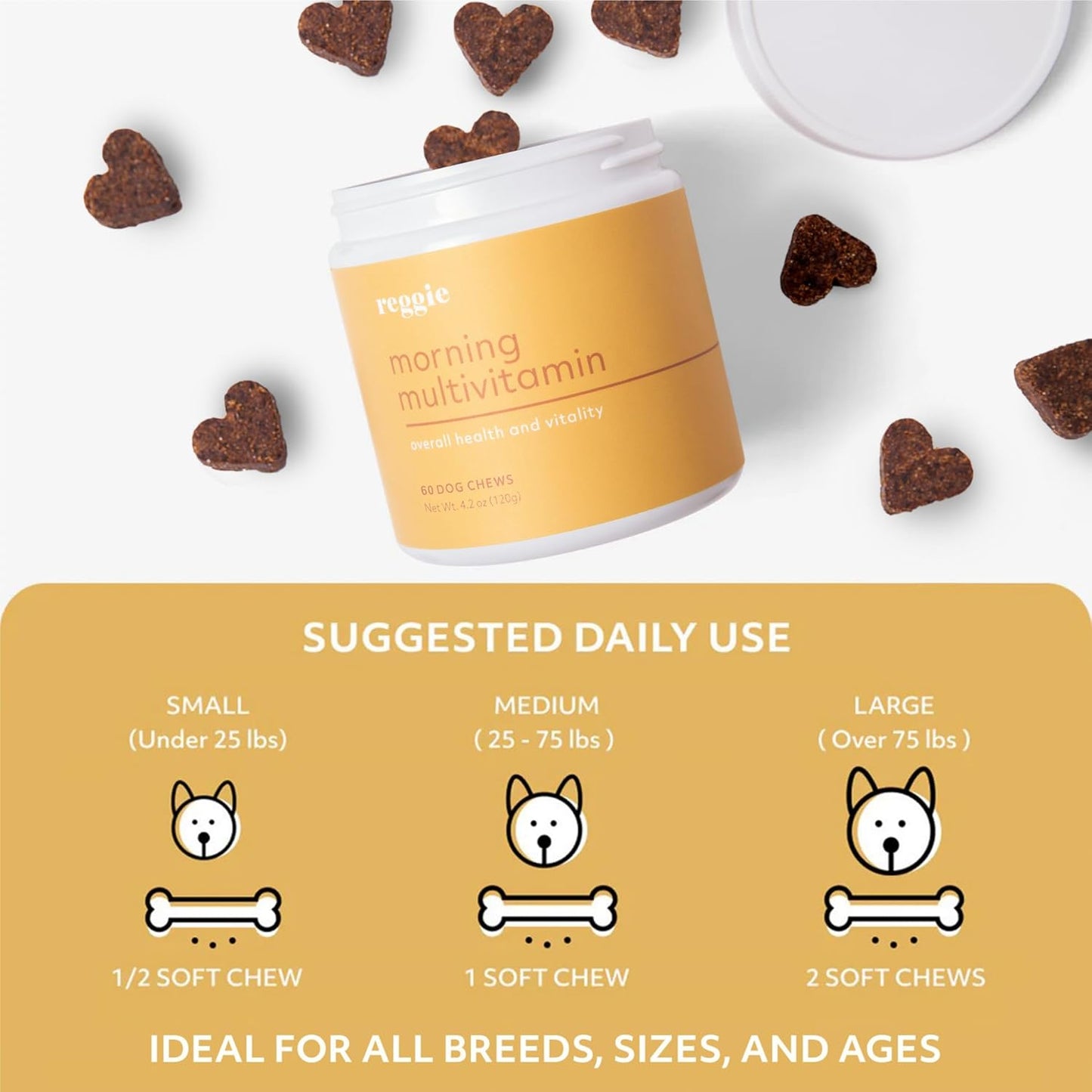 Reggie Morning Multivitamins for Dogs | Advanced Daily Immunity Booster for Heart, Joint, Skin, and Gut Health | Made in USA - Vet-Approved - Ideal for All Ages, Breeds, and Sizes - 60 Soft Chews.