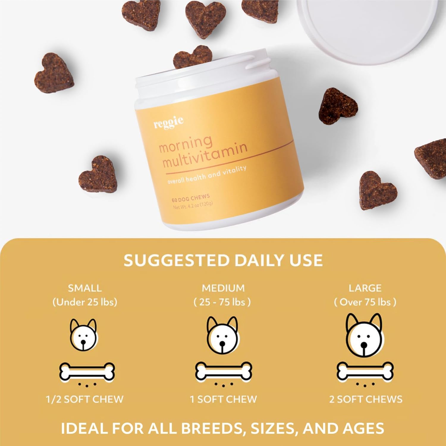 Reggie Morning Multivitamins for Dogs | Advanced Daily Immunity Booster for Heart, Joint, Skin, and Gut Health | Made in USA - Vet-Approved - Ideal for All Ages, Breeds, and Sizes - 60 Soft Chews.