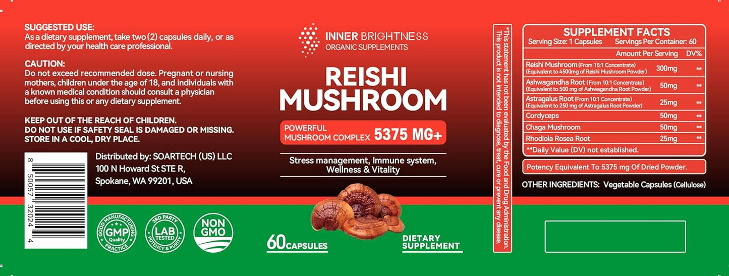 Reishi Mushroom Capsules with Cordyceps, Chaga, & Ashwagandha - Immune Health & Energy Support, 60 Count