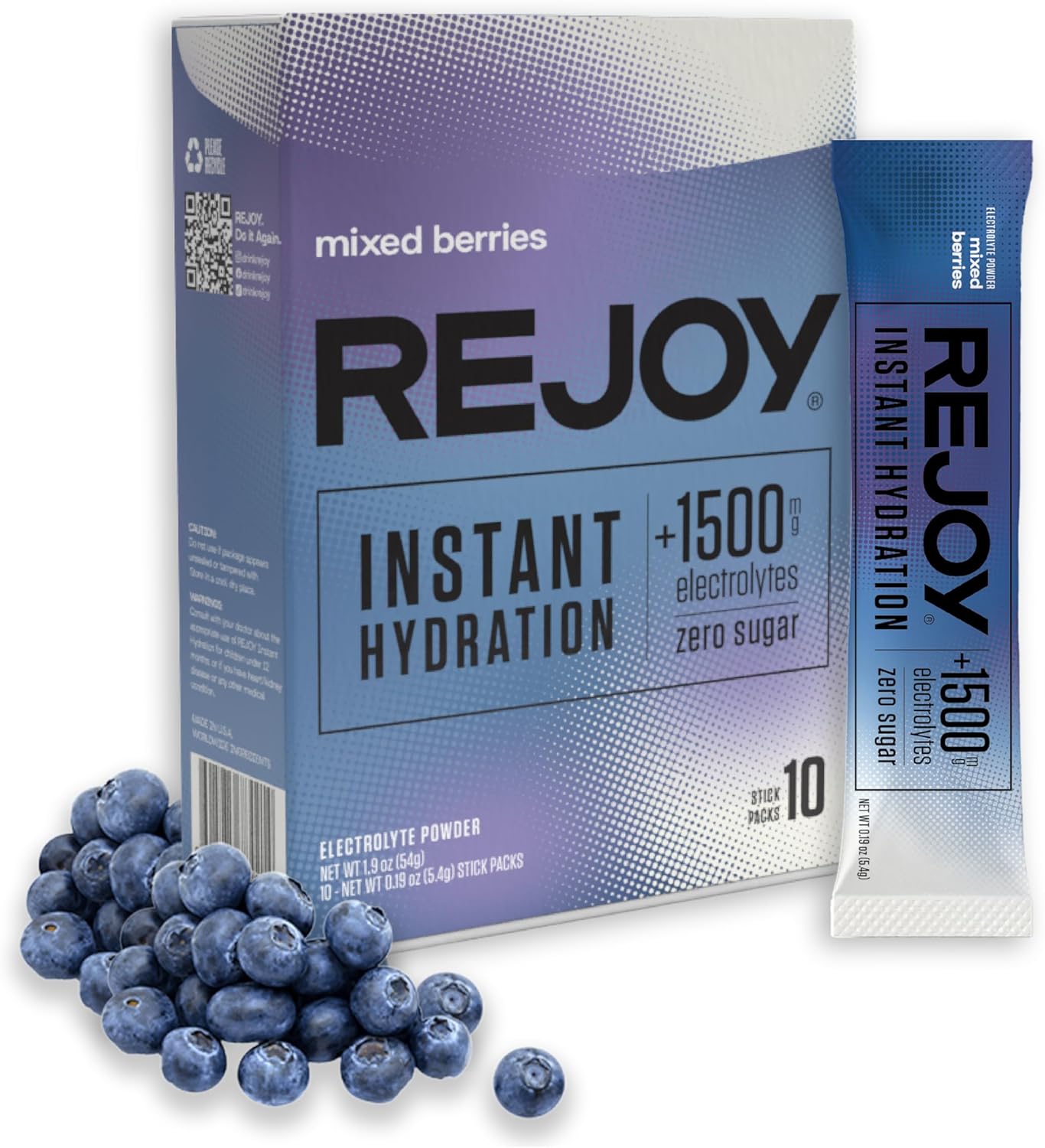 Rejoy Electrolyte Powder Packets - Mixed Berries Flavor - 10 Sticks - Sugar Free Hydration Drink Mix - Keto, Paleo, Vegan - Non-GMO - Single-Serving Stick