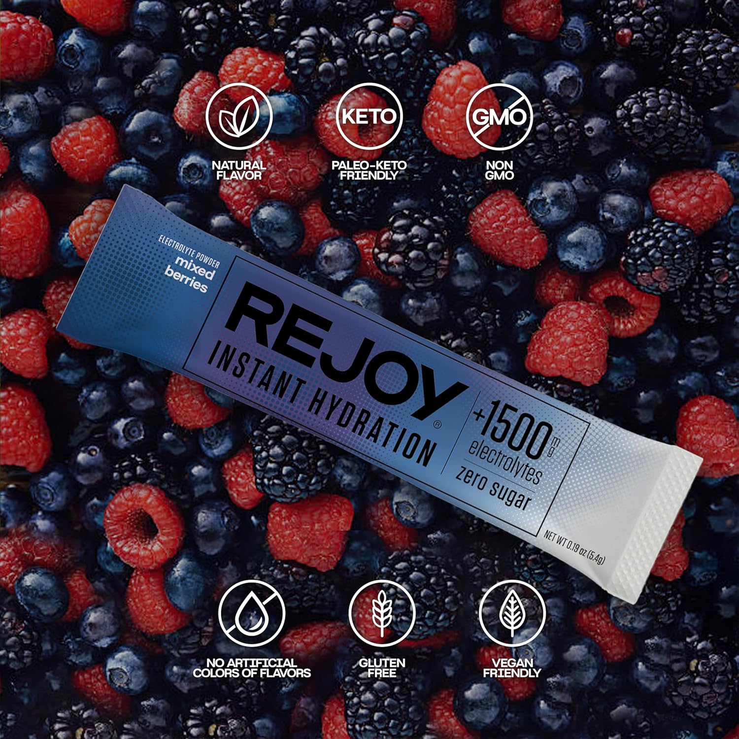 Rejoy Electrolyte Powder Packets - Mixed Berries Flavor - 10 Sticks - Sugar Free Hydration Drink Mix - Keto, Paleo, Vegan - Non-GMO - Single-Serving Stick