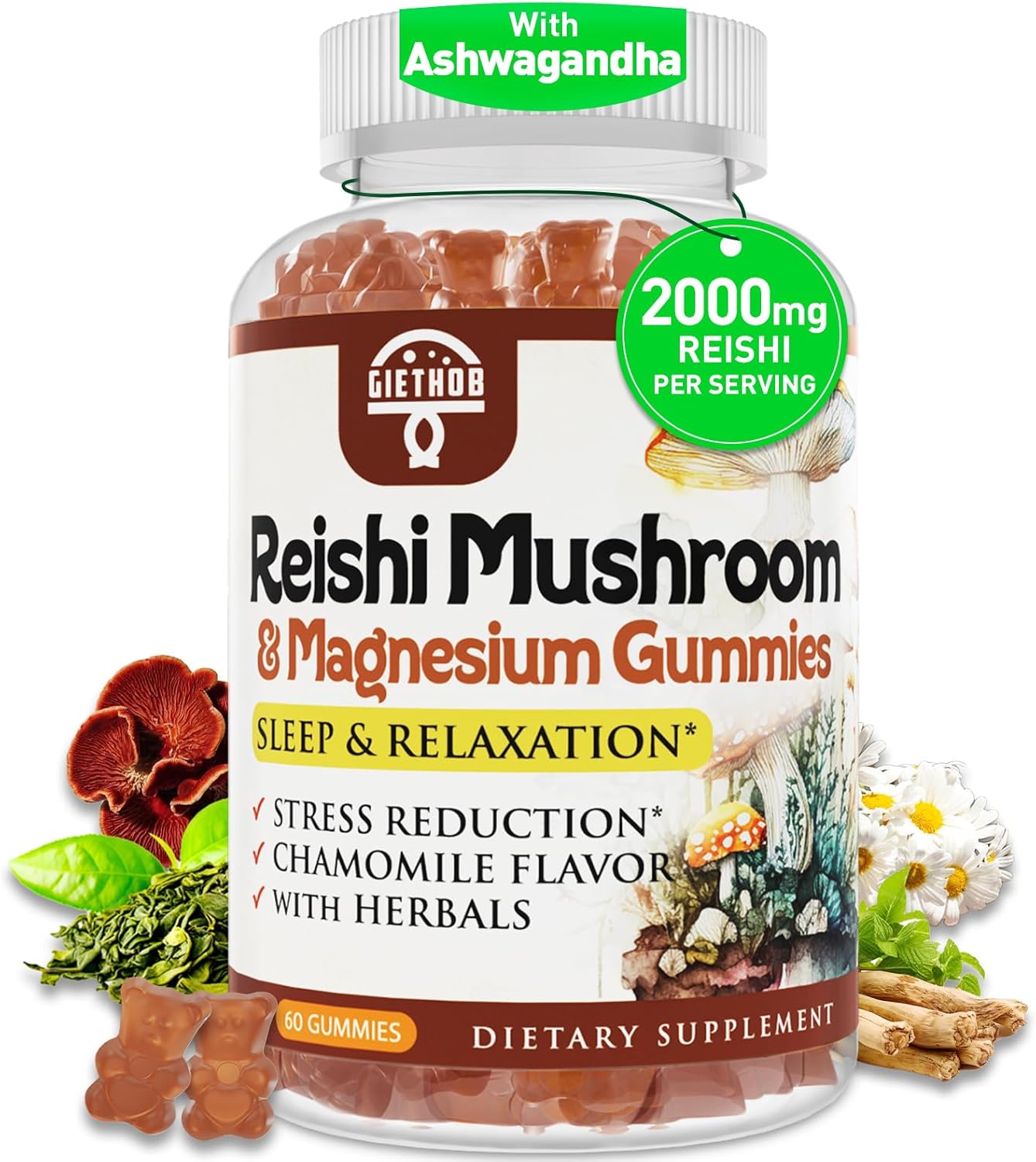 Relaxation Gummies with Reishi Mushroom Extract, Ashwagandha, Magnesium - Vegan Cortisol Supplements for Men & Women - 60 Gummies