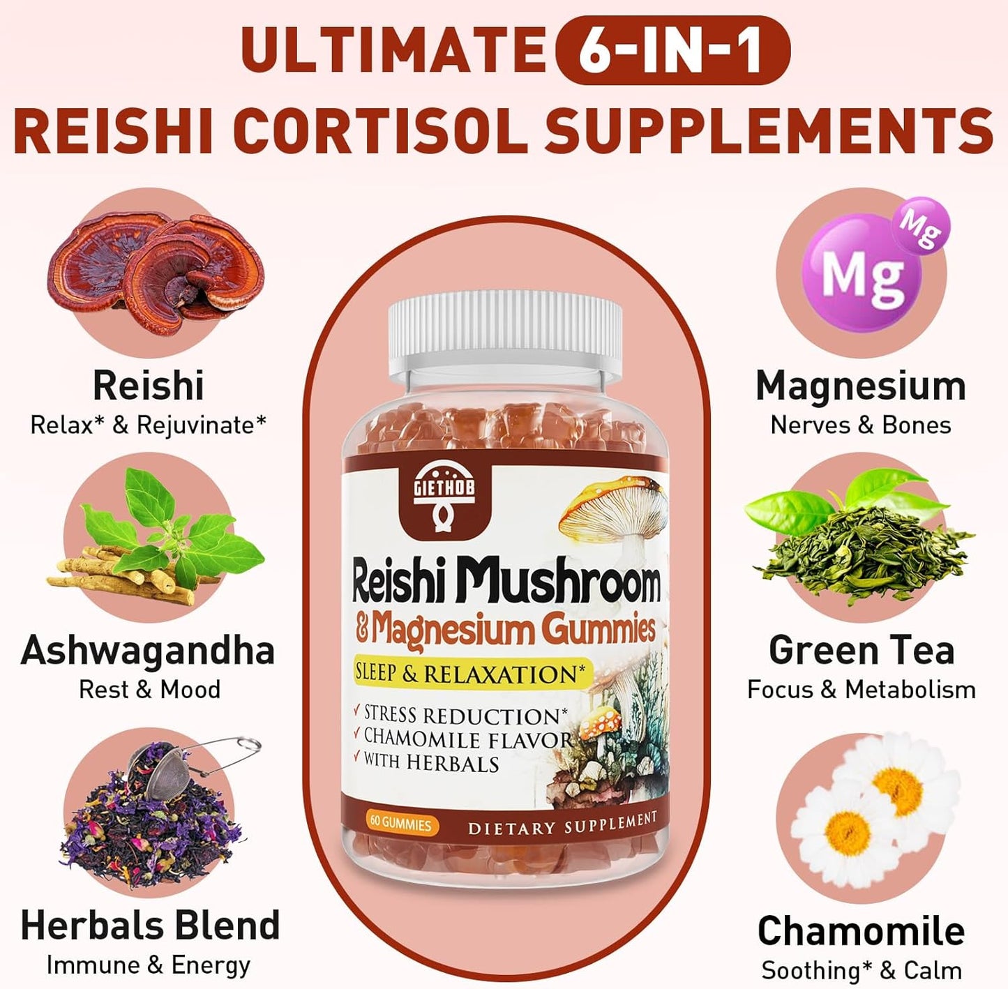 Relaxation Gummies with Reishi Mushroom Extract, Ashwagandha, Magnesium - Vegan Cortisol Supplements for Men & Women - 60 Gummies