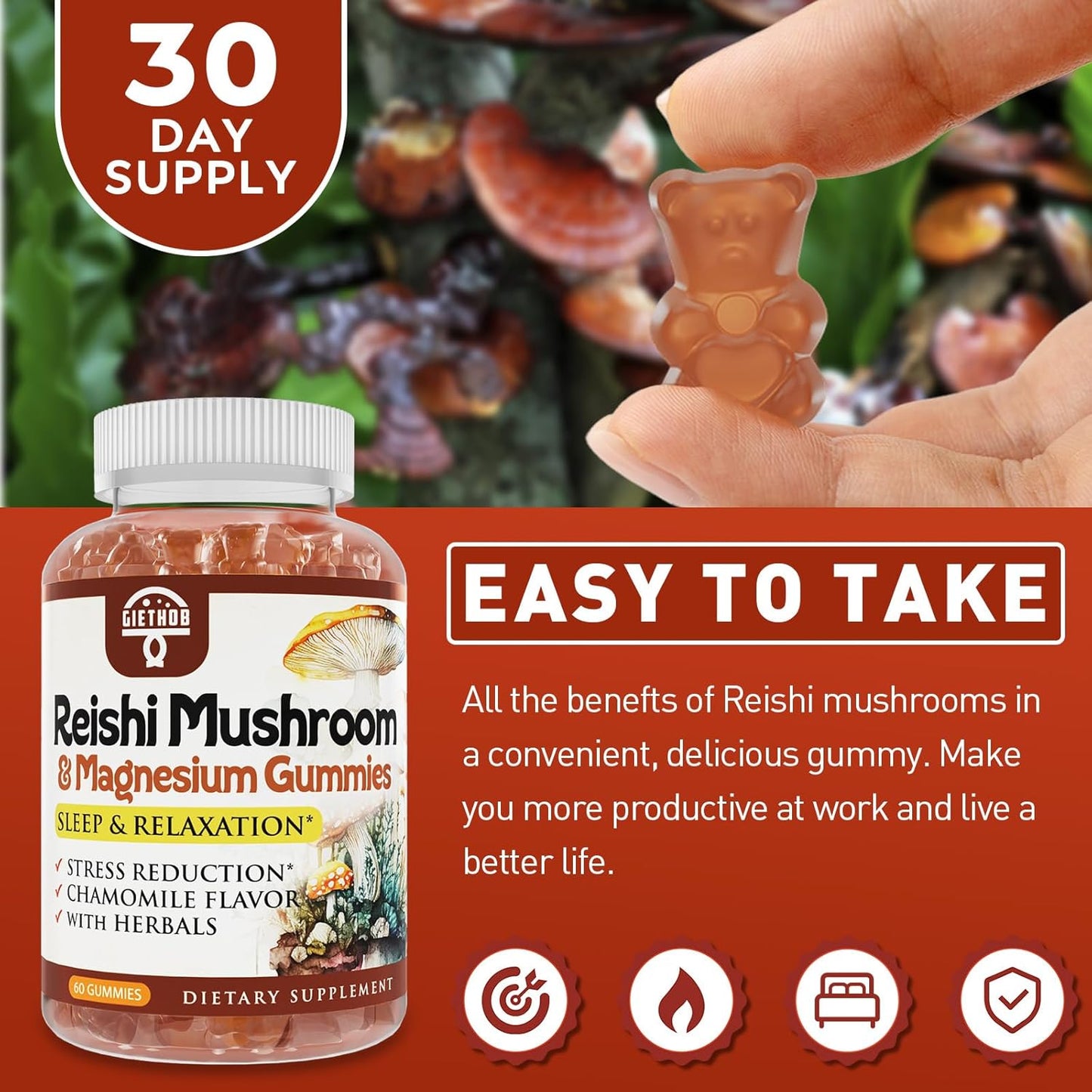 Relaxation Gummies with Reishi Mushroom Extract, Ashwagandha, Magnesium - Vegan Cortisol Supplements for Men & Women - 60 Gummies